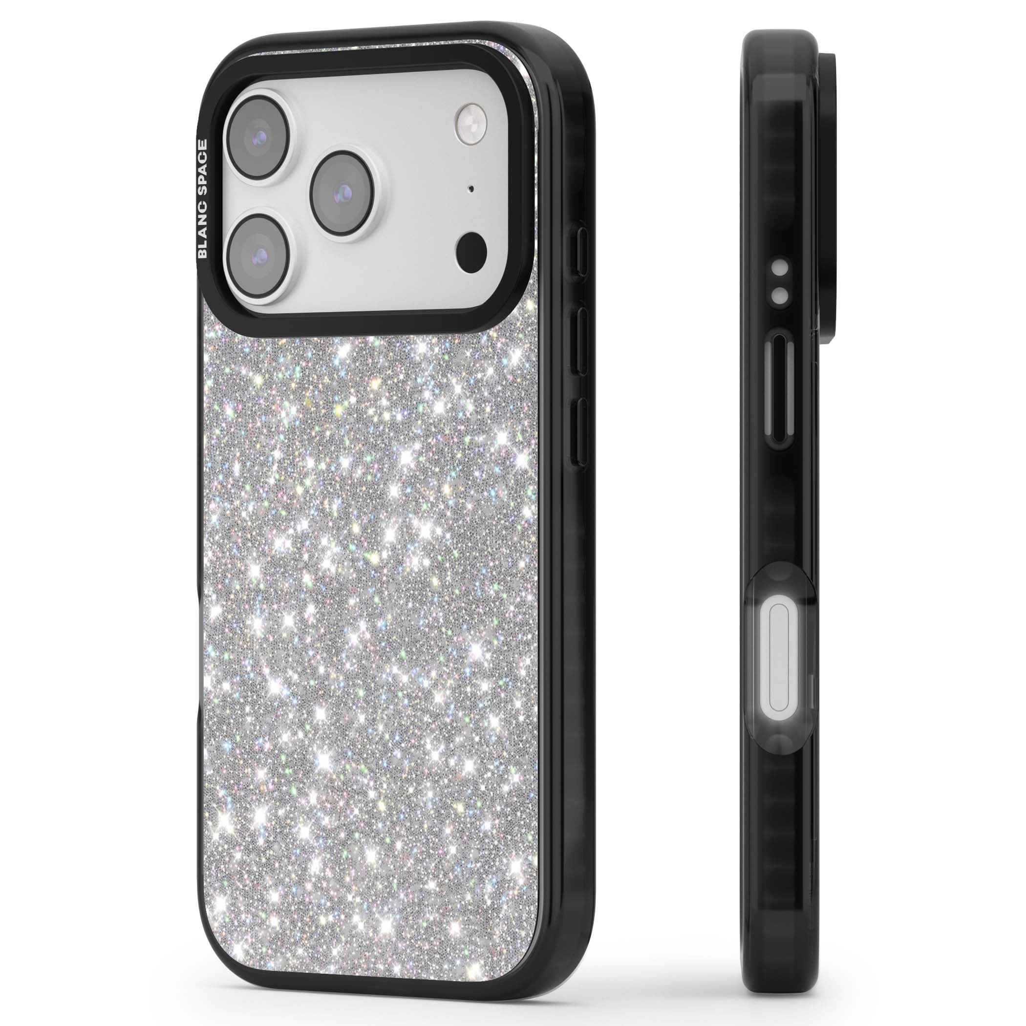 Diamond glam iPhone case featuring silver glitter sparkle and shimmering diamond dust effect | Black Impact Magsafe case for iPhone 17 Pro, iPhone 17 Pro Max