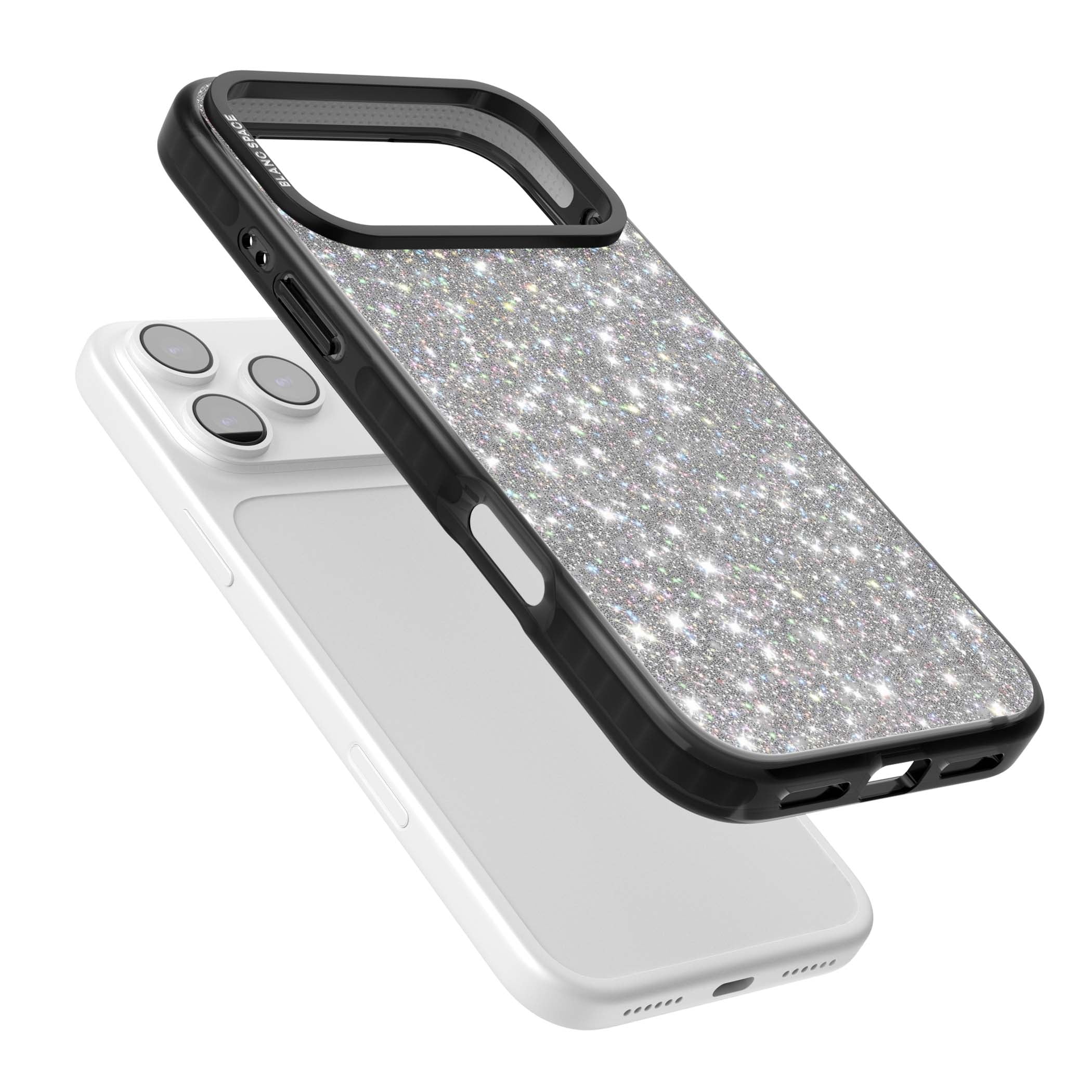 Diamond glam iPhone case featuring silver glitter sparkle and shimmering diamond dust effect | Black Impact Magsafe case for iPhone 17 Pro, iPhone 17 Pro Max