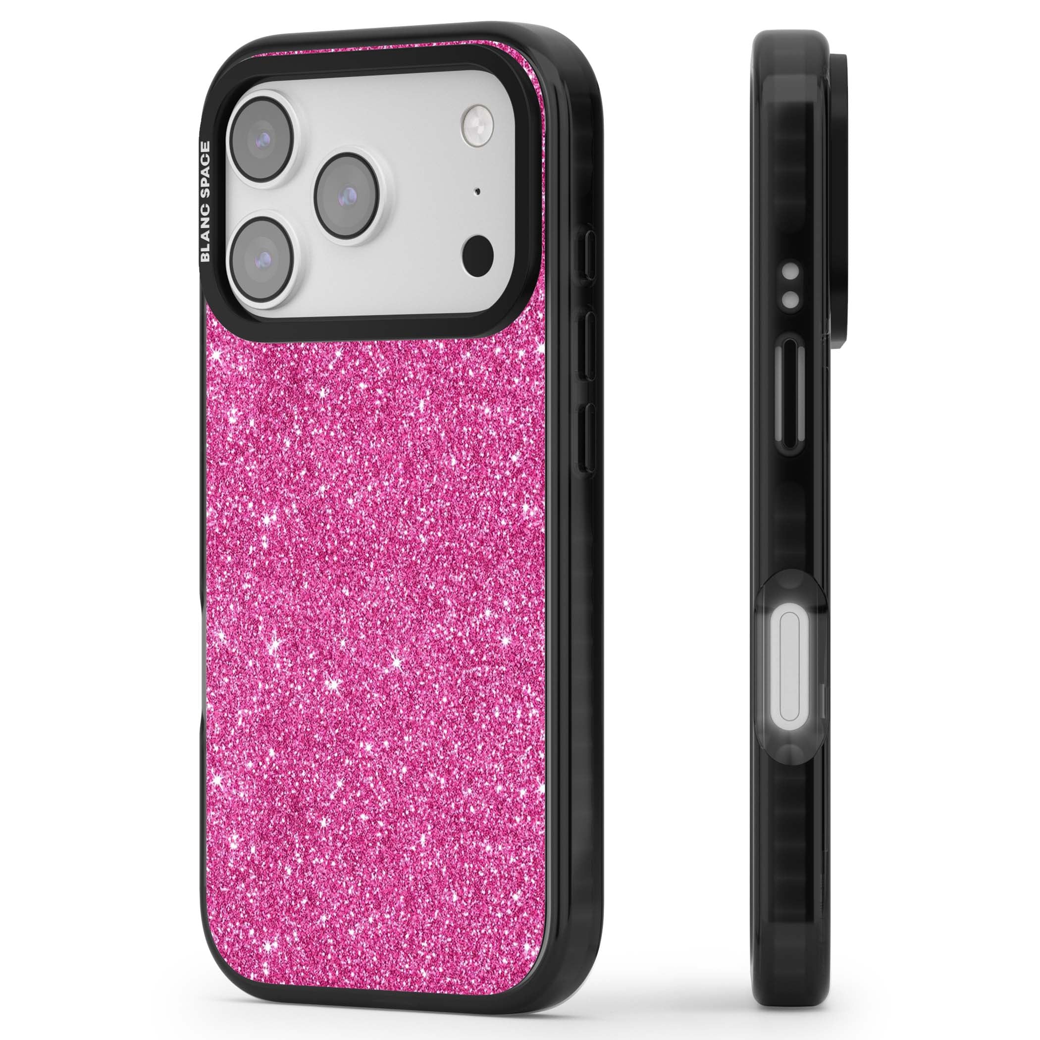Pink Glitter Y2K iPhone case featuring hot pink glitter wallpaper with sparkle shimmer effect | Black Impact Magsafe case for iPhone 17 Pro, iPhone 17 Pro Max