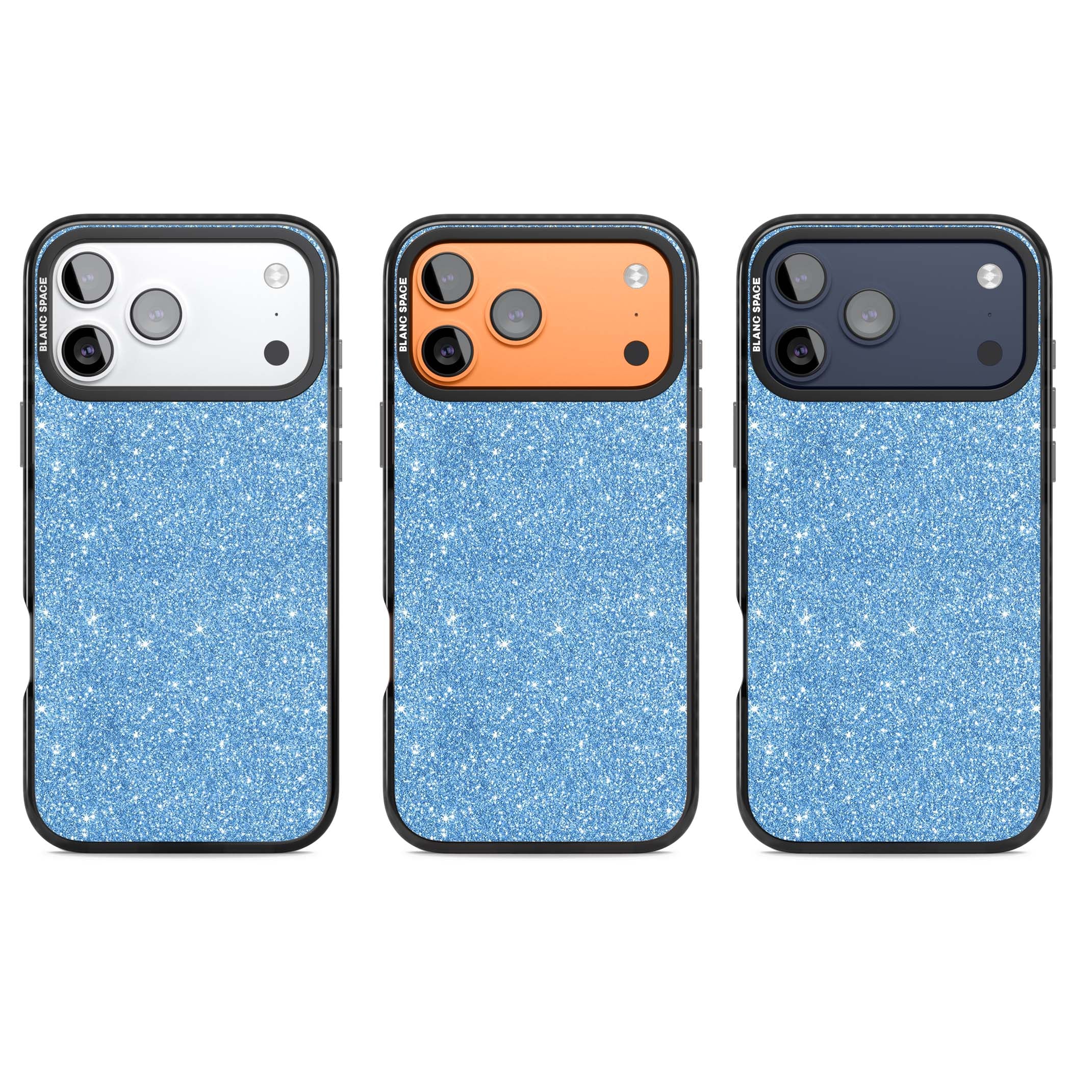 Blue Glitter blue glitter iPhone case featuring dense sparkling cerulean glitter with a glamorous shimmering finish | Black Impact Magsafe case for iPhone 17 Pro, iPhone 17 Pro Max