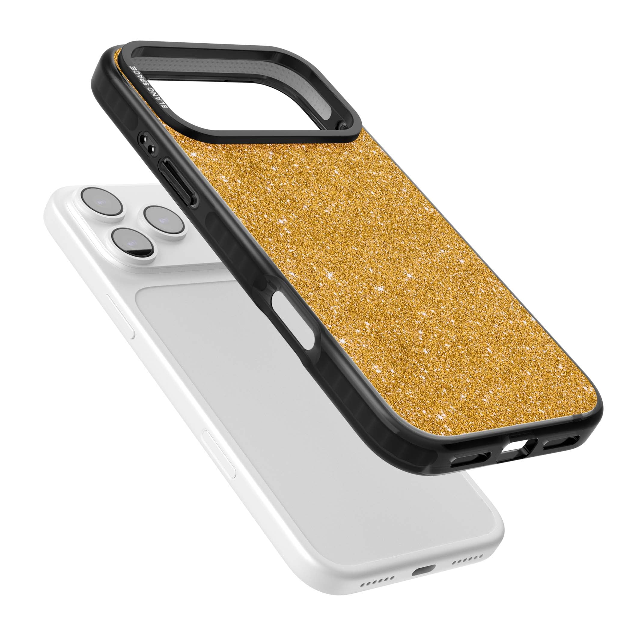 Gold Glitter gold glitter iPhone case featuring a shimmering sparkle wallpaper design in luxury gold | Black Impact Magsafe case for iPhone 17 Pro, iPhone 17 Pro Max