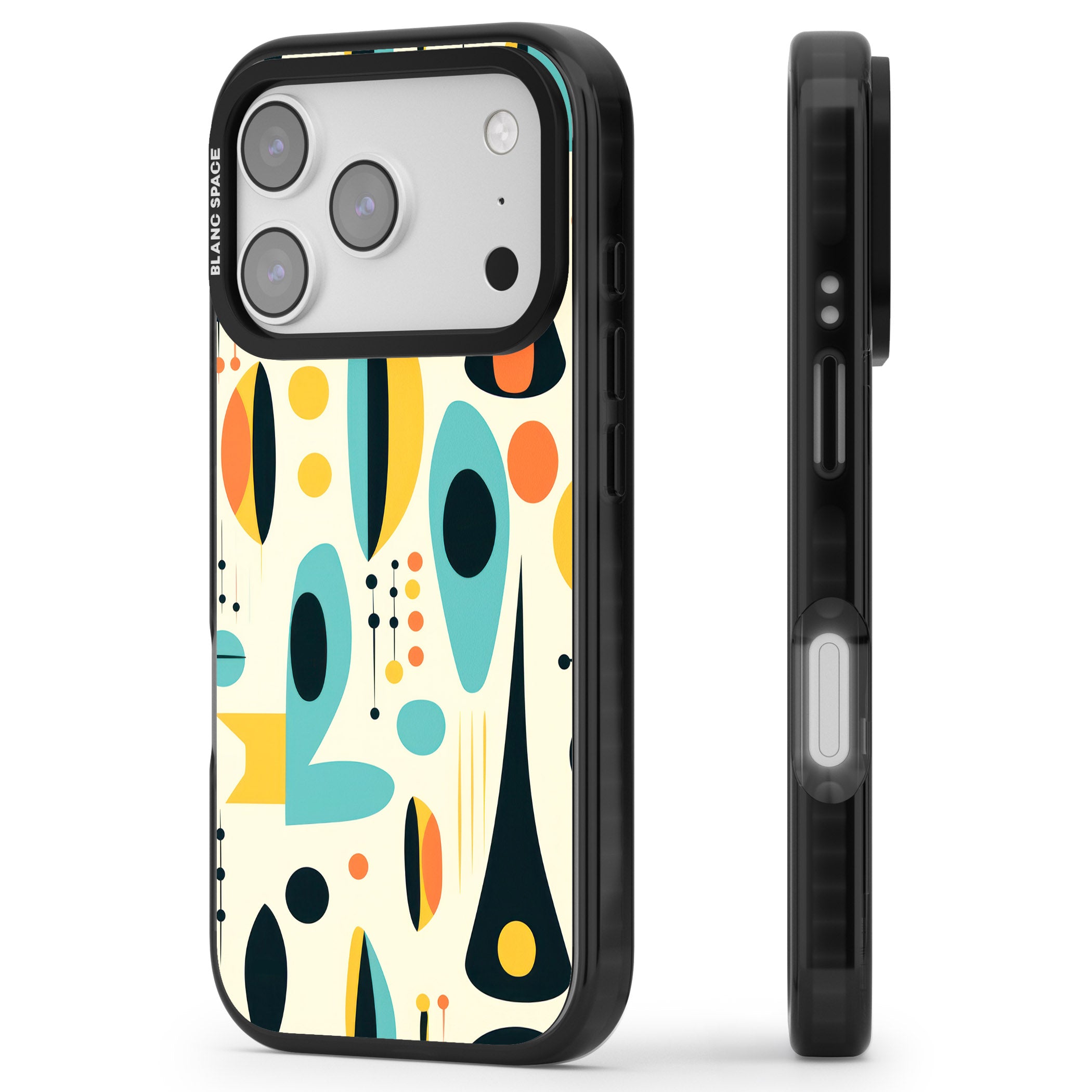Mid Century Atomic Pattern iPhone 17 Pro Impact Pro Black Phone Case Side Profile