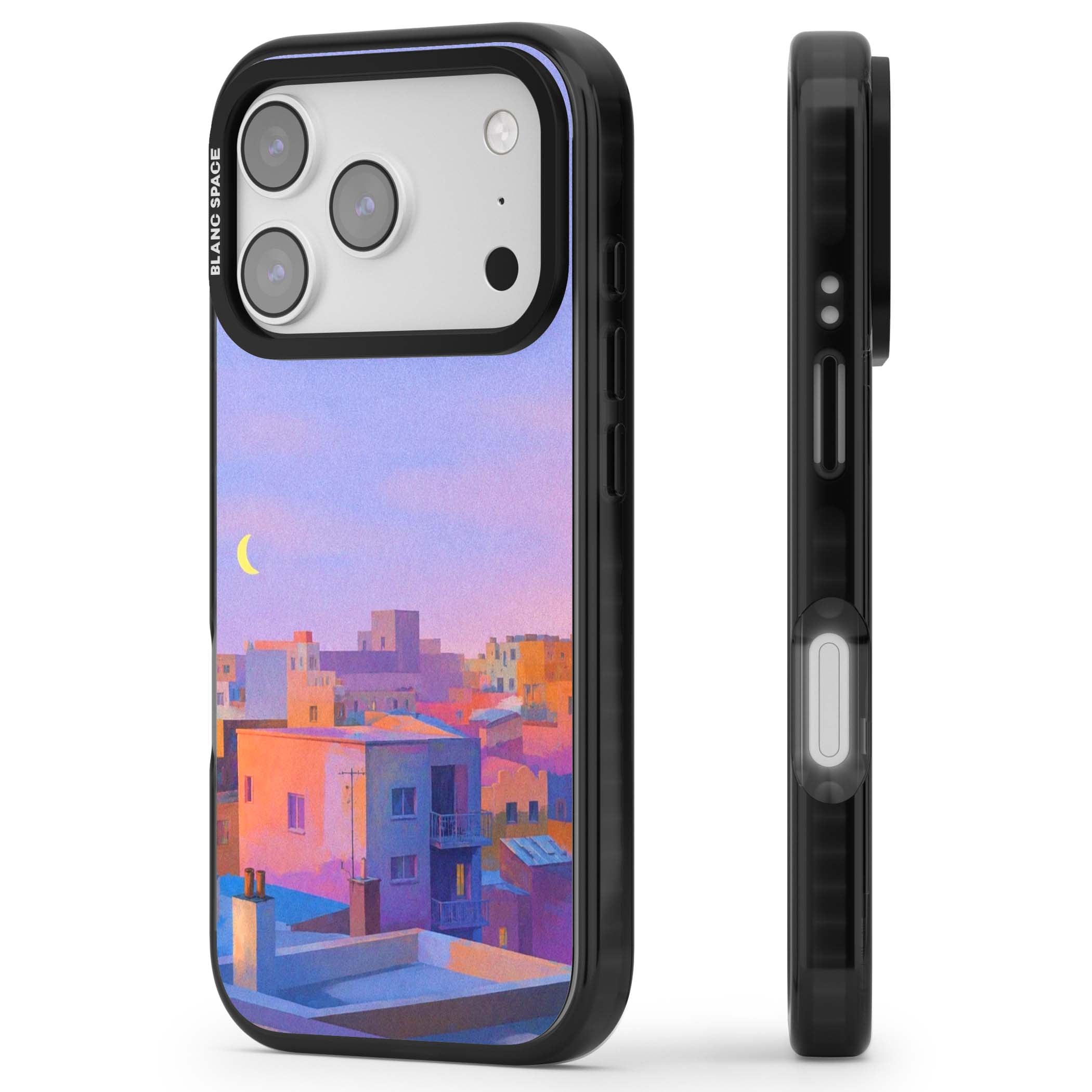 Twilight Rooftops vaporwave iPhone case featuring a pastel sunset cityscape, painted rooftops and a crescent moon. | Black Impact Magsafe case for iPhone 17 Pro, iPhone 17 Pro Max