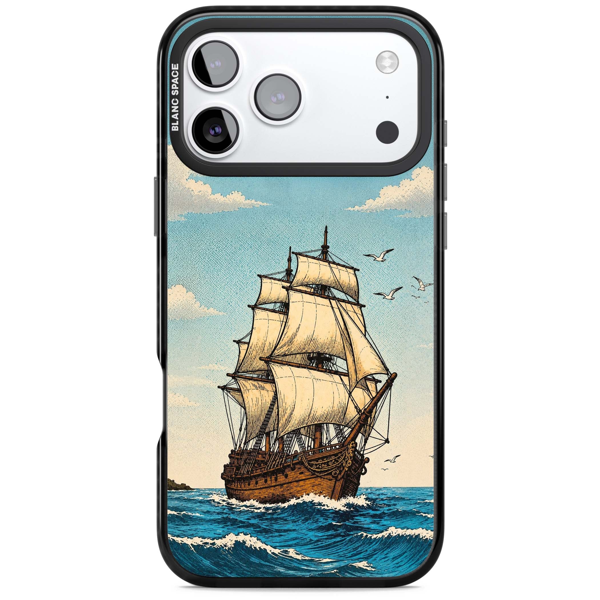 Ship at Sea nautical iPhone case featuring a vintage tall ship, ocean waves and seagulls | Black Impact Magsafe case for iPhone 17 Pro, iPhone 17 Pro Max
