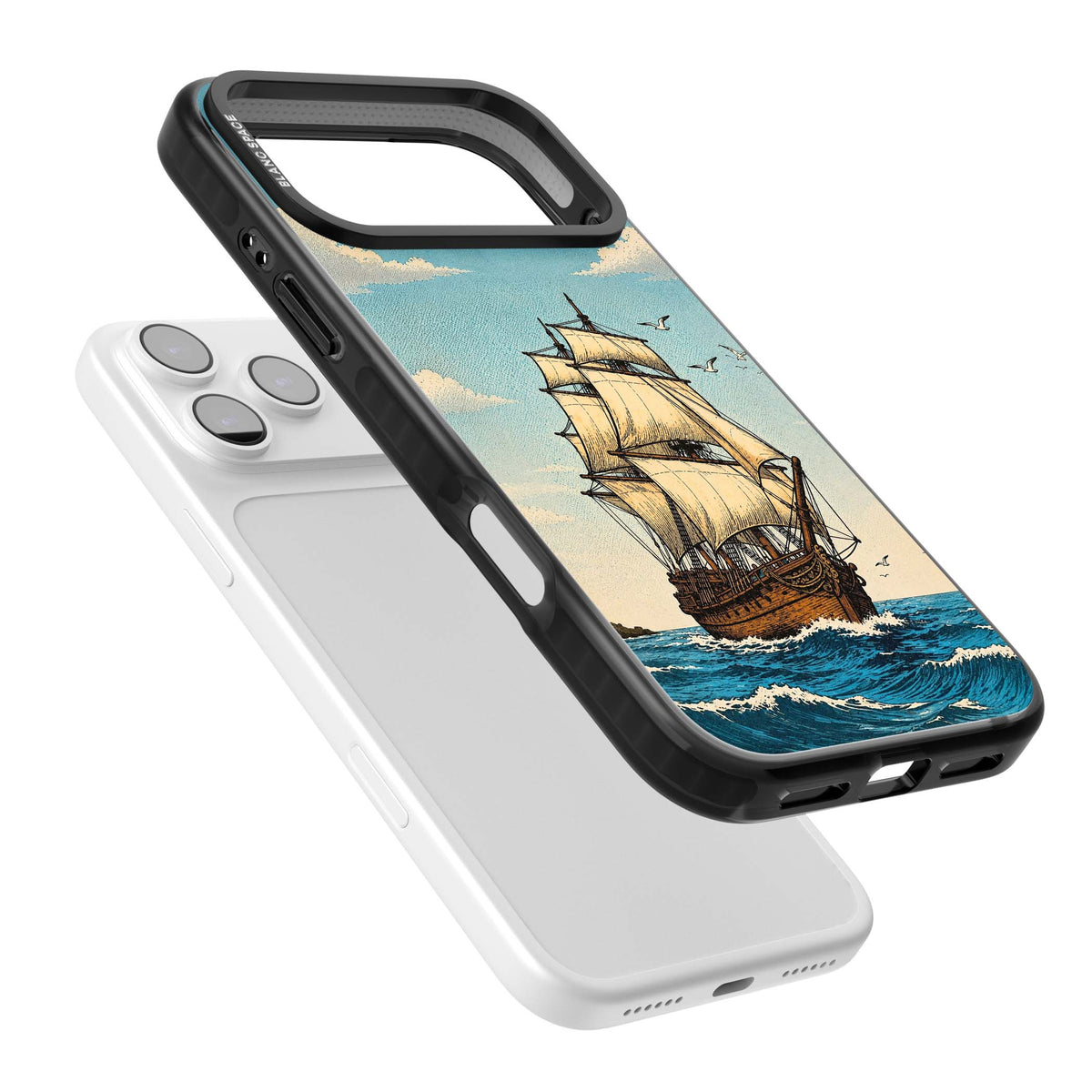 Ship at Sea nautical iPhone case featuring a vintage tall ship, ocean waves and seagulls | Black Impact Magsafe case for iPhone 17 Pro, iPhone 17 Pro Max