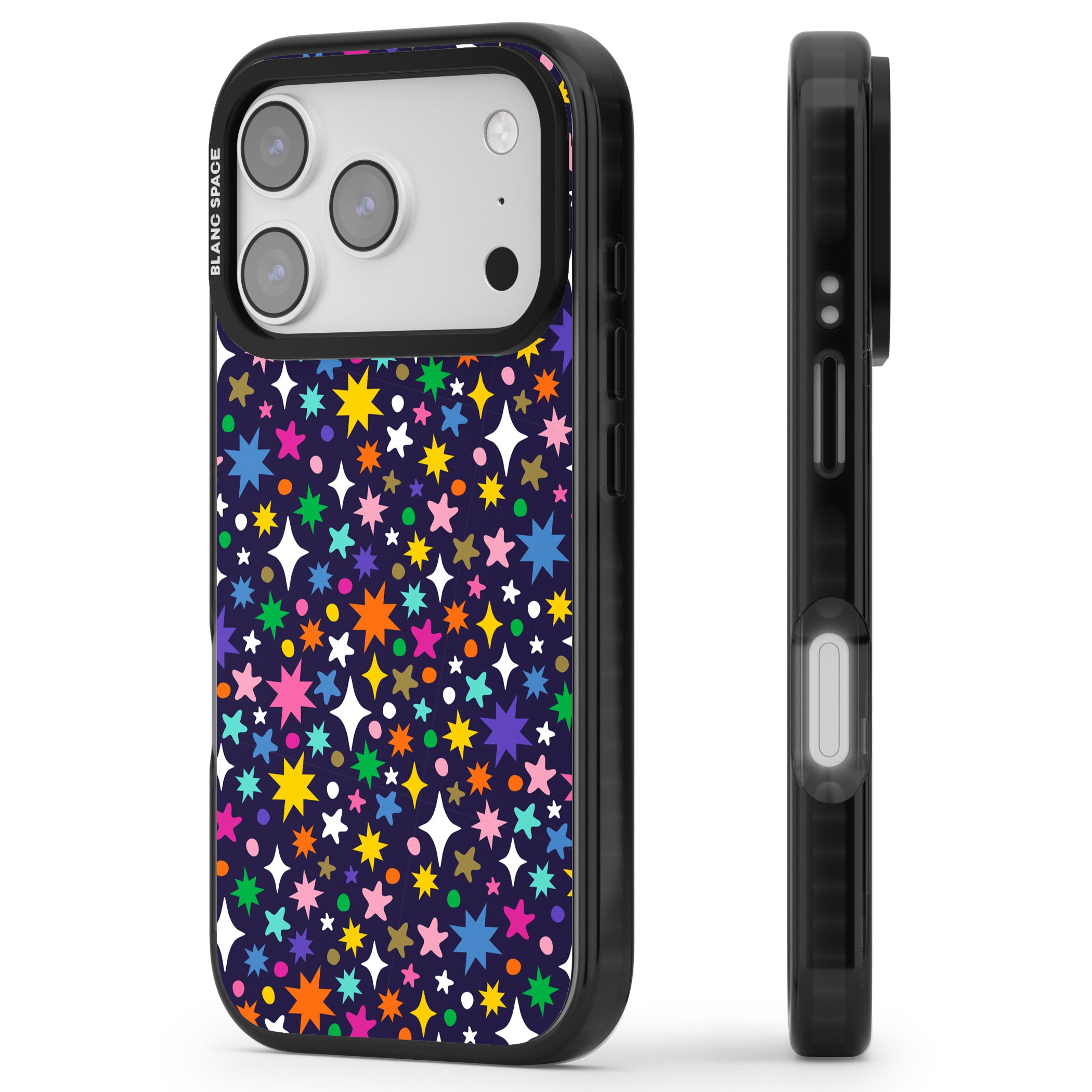 Rainbow Starburst (Purple) iPhone 17 Pro Impact Pro Black Phone Case Side Profile
