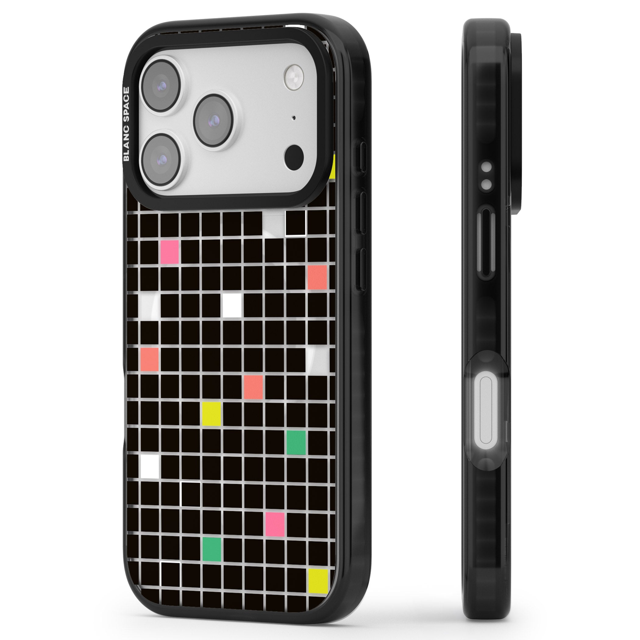 Vibrant Black Geometric Grid iPhone 17 Pro Impact Pro Black Phone Case Side Profile
