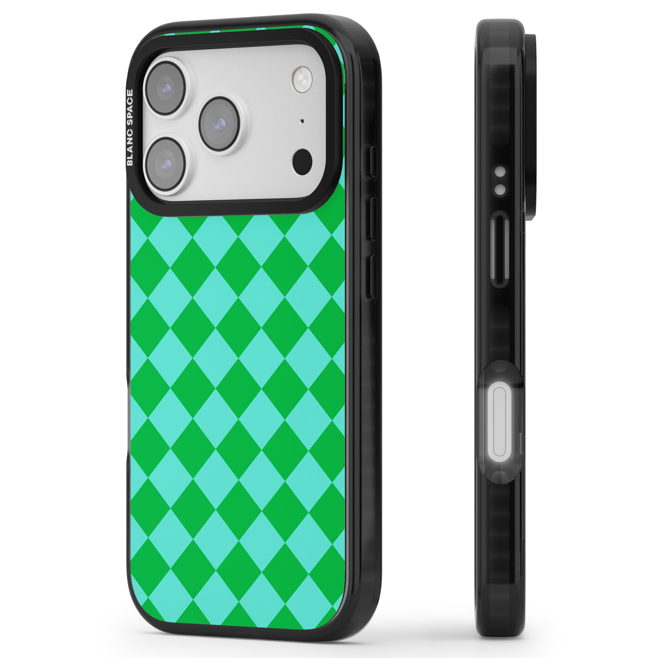 Retro Green Diamond Plaid iPhone 17 Pro Impact Pro Black Phone Case Side Profile