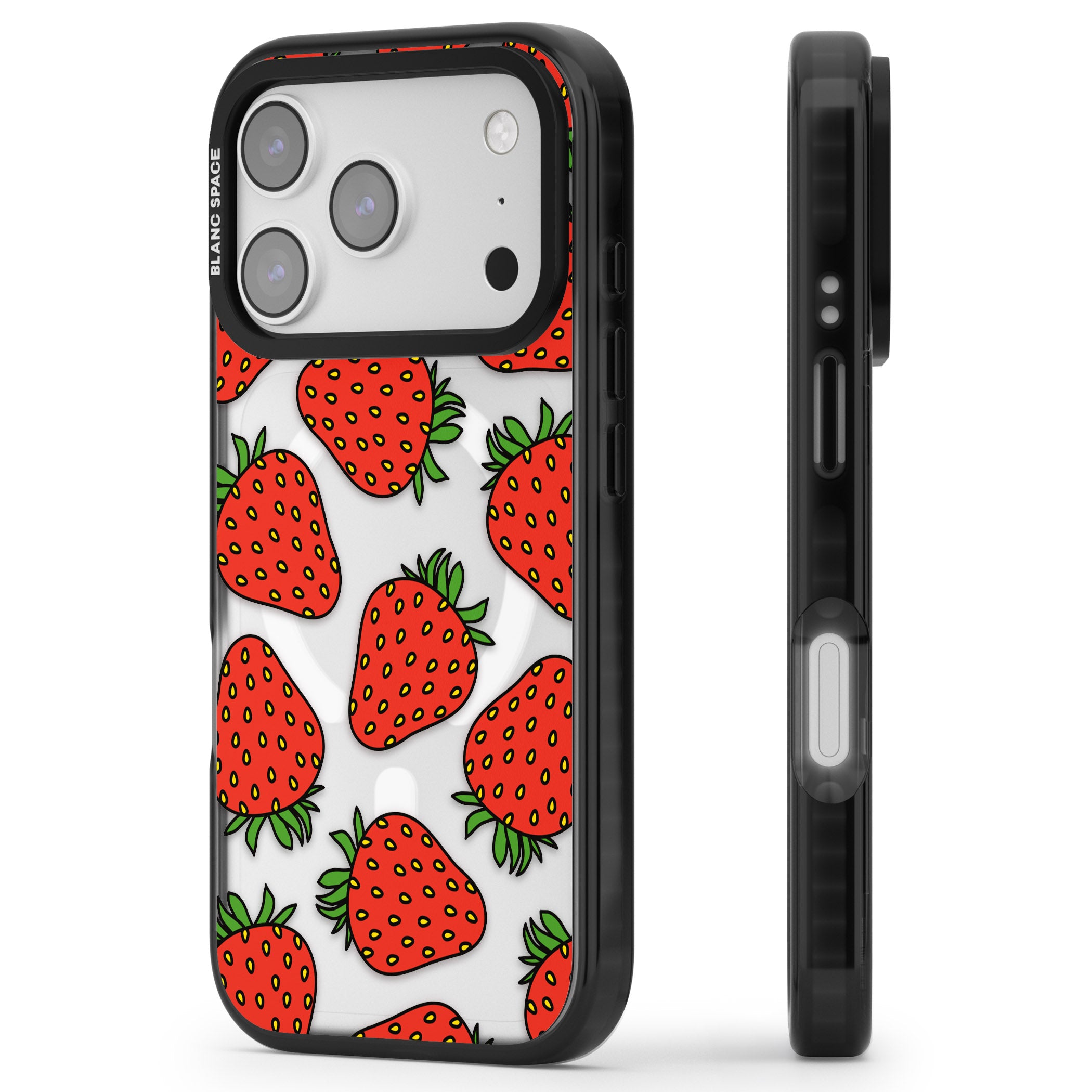 Strawberry Pattern iPhone 17 Pro Impact Pro Black Phone Case Side Profile