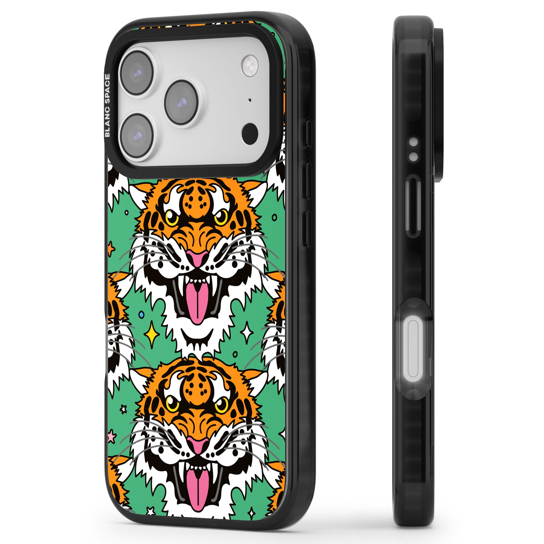 Fierce Jungle Tigers (Green) iPhone 17 Pro Impact Pro Black Phone Case Side Profile