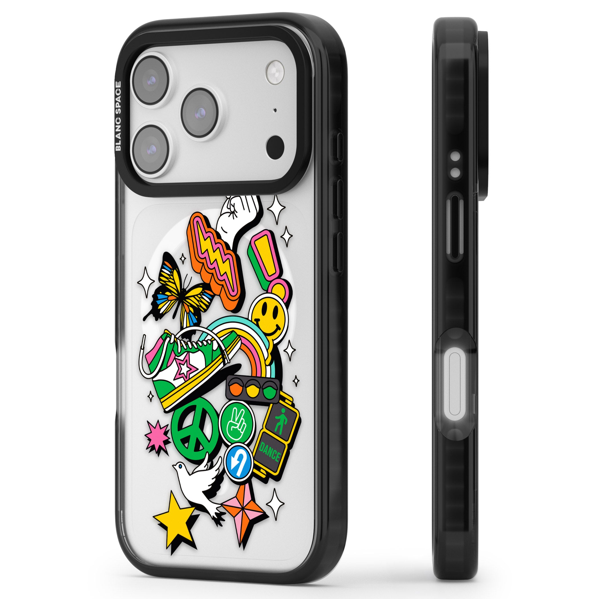 Nostalgic Sticker Collage iPhone 17 Pro Impact Pro Black Phone Case Side Profile