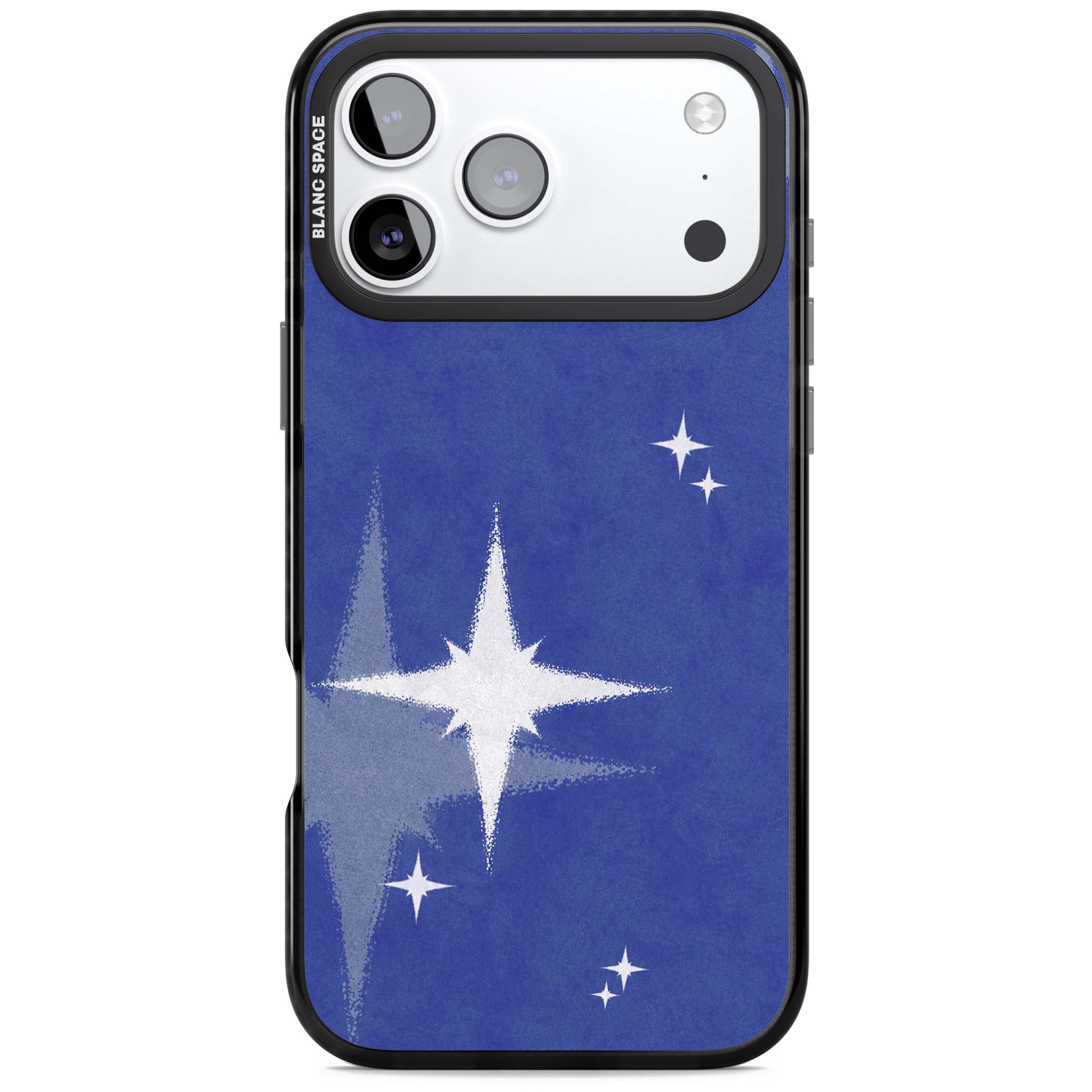 Blue Sparkle celestial iPhone case featuring sparkling silver stars on a deep blue painterly night sky | Black Impact Magsafe case for iPhone 17 Pro, iPhone 17 Pro Max
