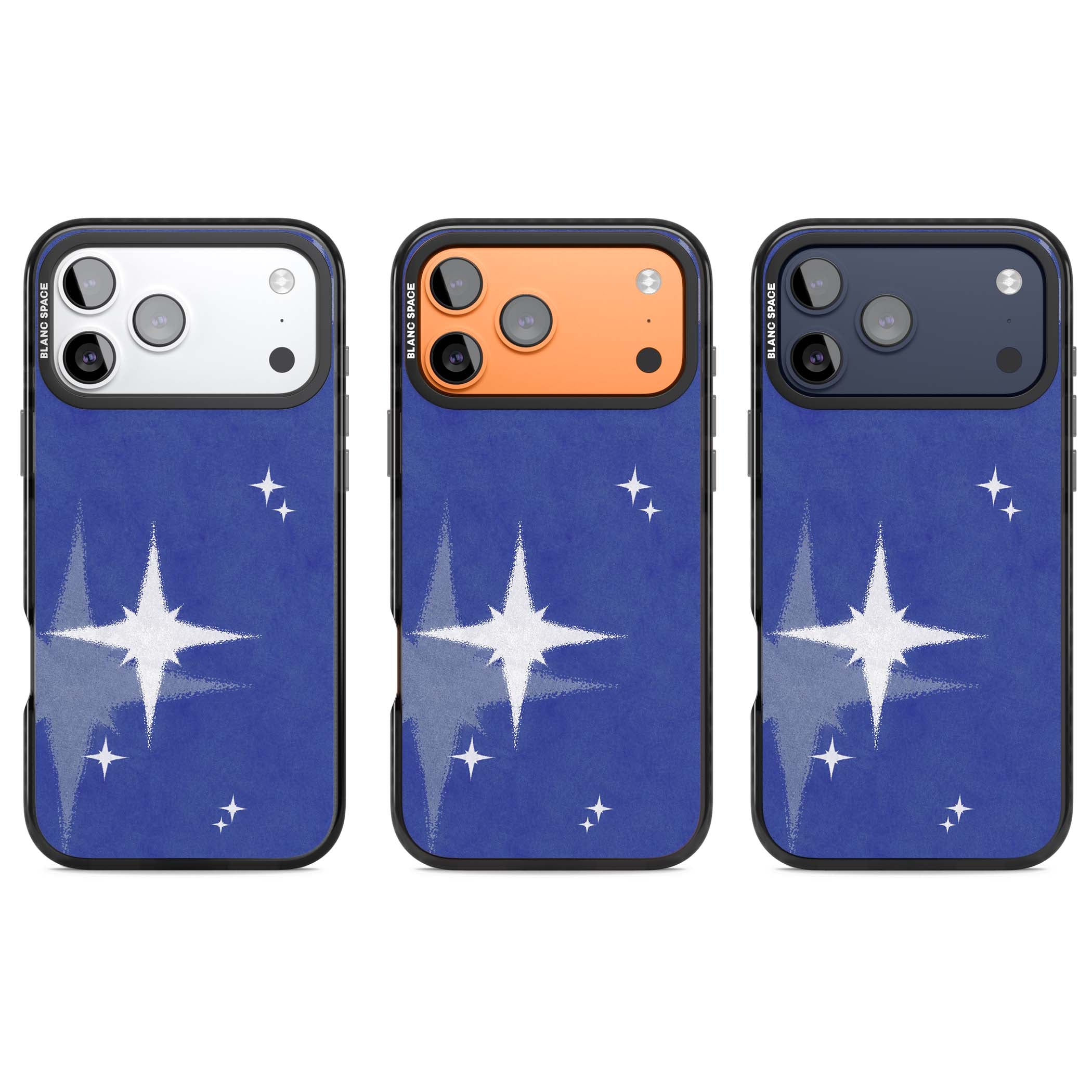 Blue Sparkle celestial iPhone case featuring sparkling silver stars on a deep blue painterly night sky | Black Impact Magsafe case for iPhone 17 Pro, iPhone 17 Pro Max
