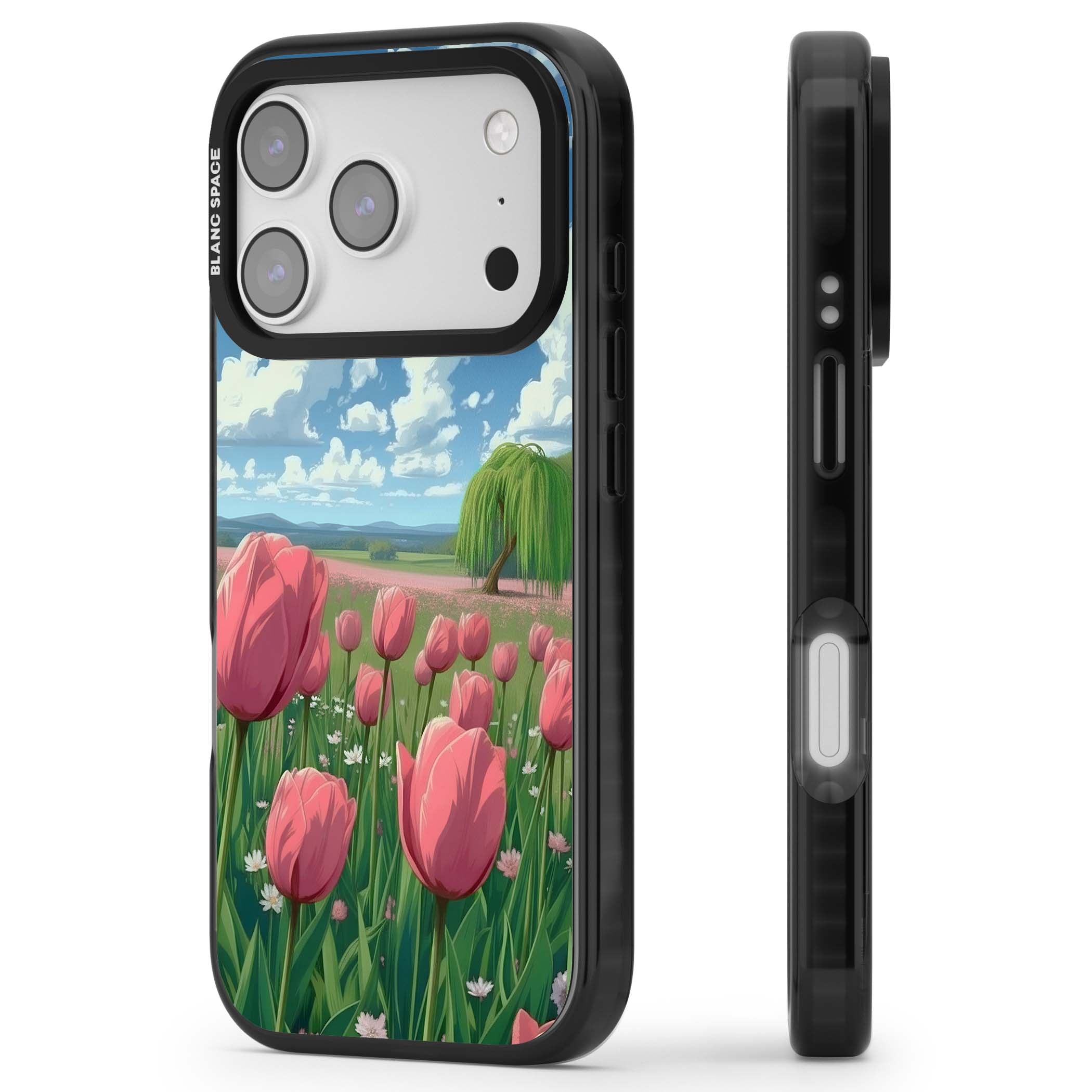 Willow By The Pink Tulips floral iPhone case | Black Impact Magsafe case for iPhone 17 Pro, iPhone 17 Pro Max