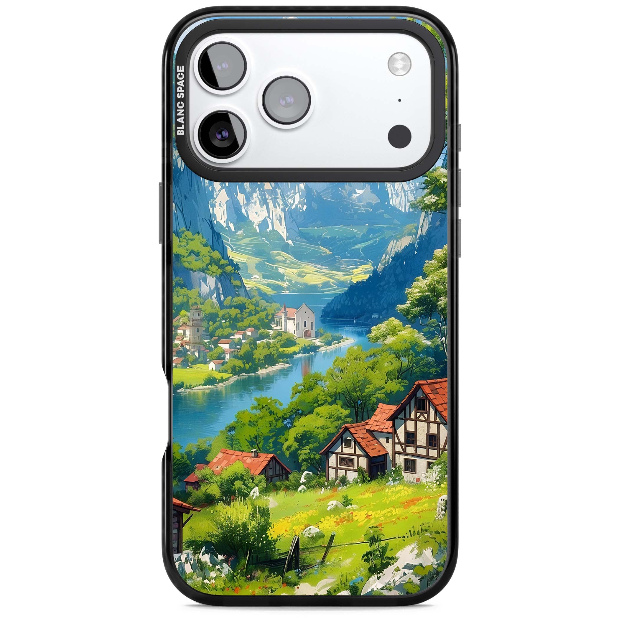 Village In The Valley anime iPhone case featuring a painted mountain village, river valley and half-timbered cottages. | Black Impact Magsafe case for iPhone 17 Pro, iPhone 17 Pro Max