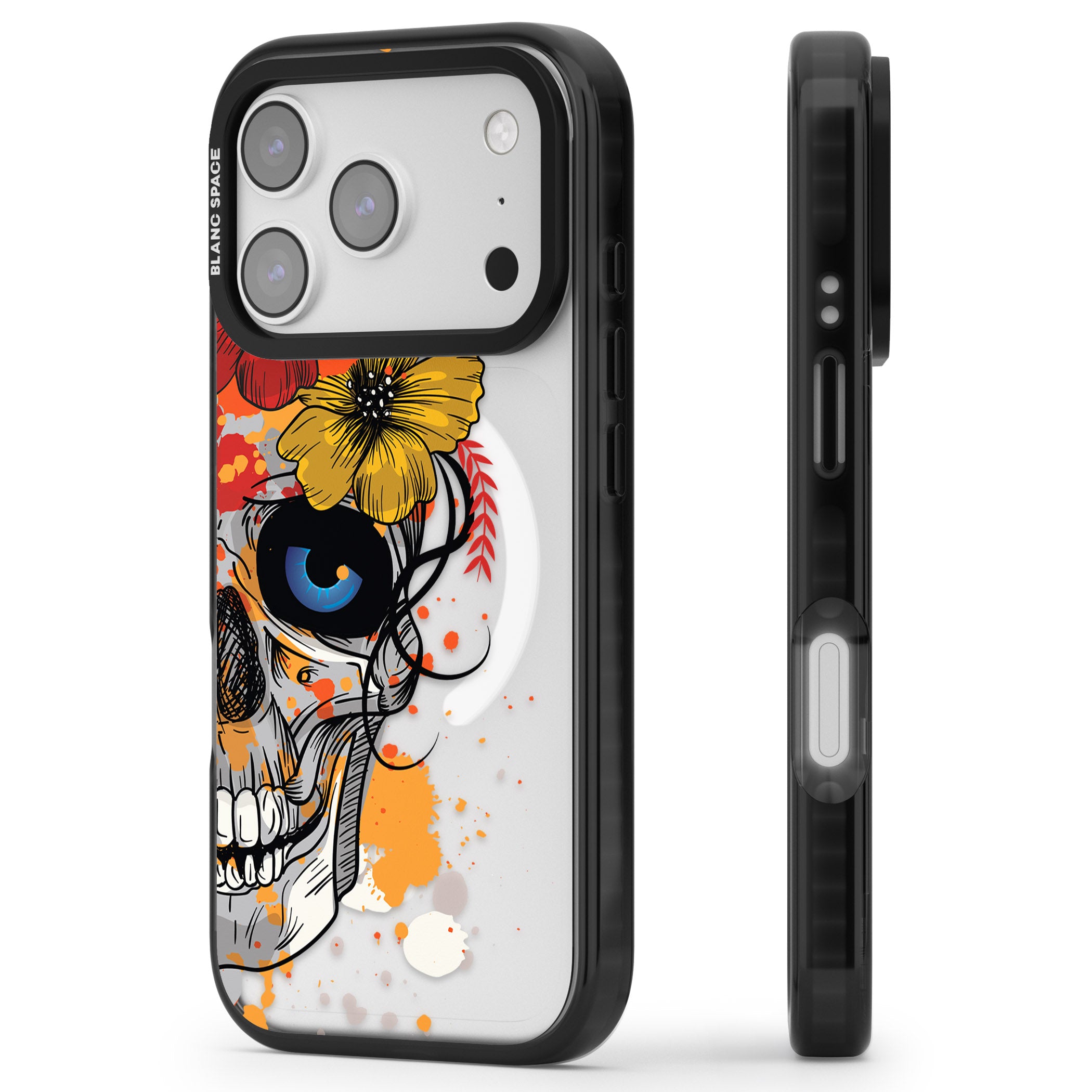 Sugar Skull Flowers iPhone 17 Pro Impact Pro Black Phone Case Side Profile
