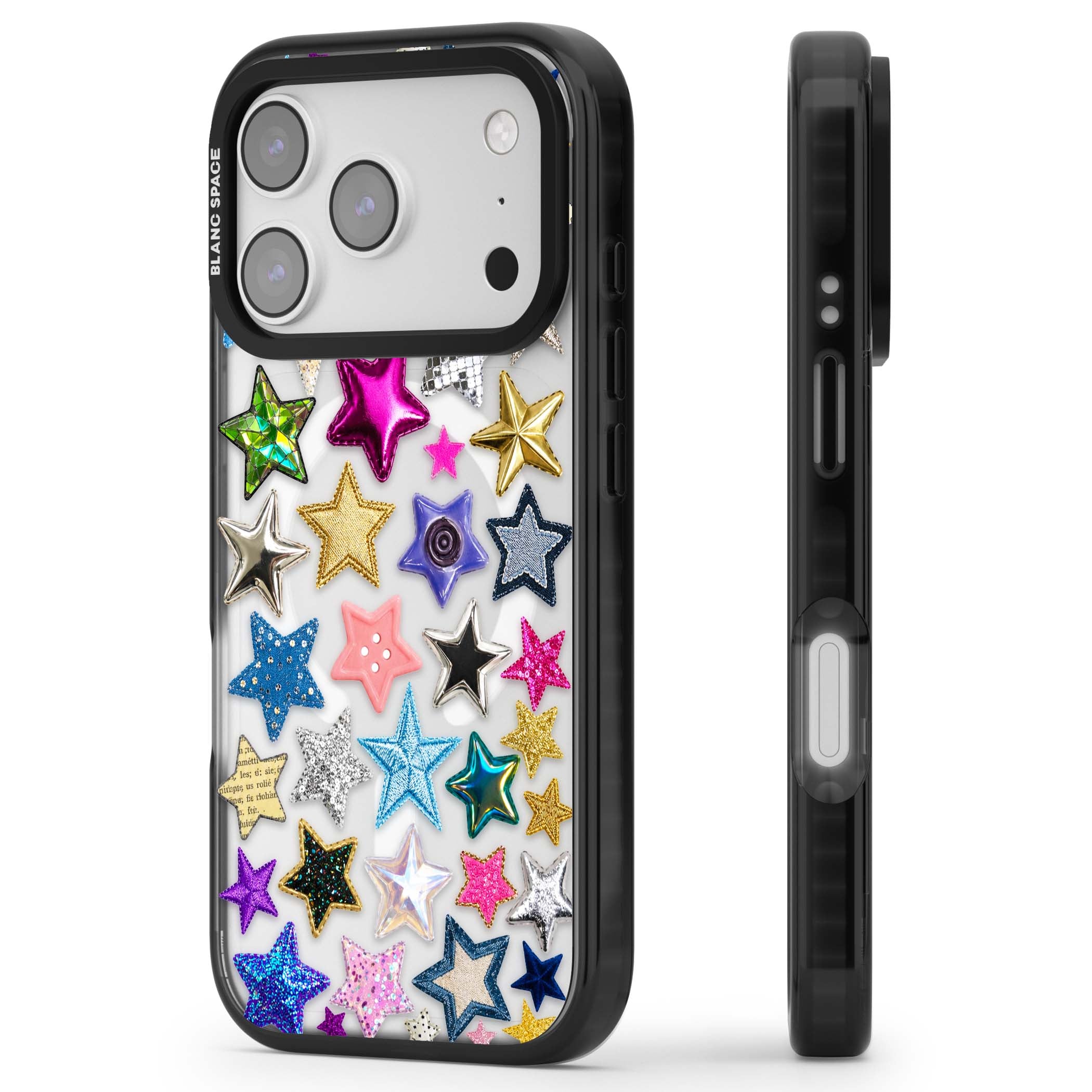 Crafty Star Mix Y2K iPhone case featuring embroidered, sequinned and glitter star patches in rainbow colours | Black Impact Magsafe case for iPhone 17 Pro, iPhone 17 Pro Max