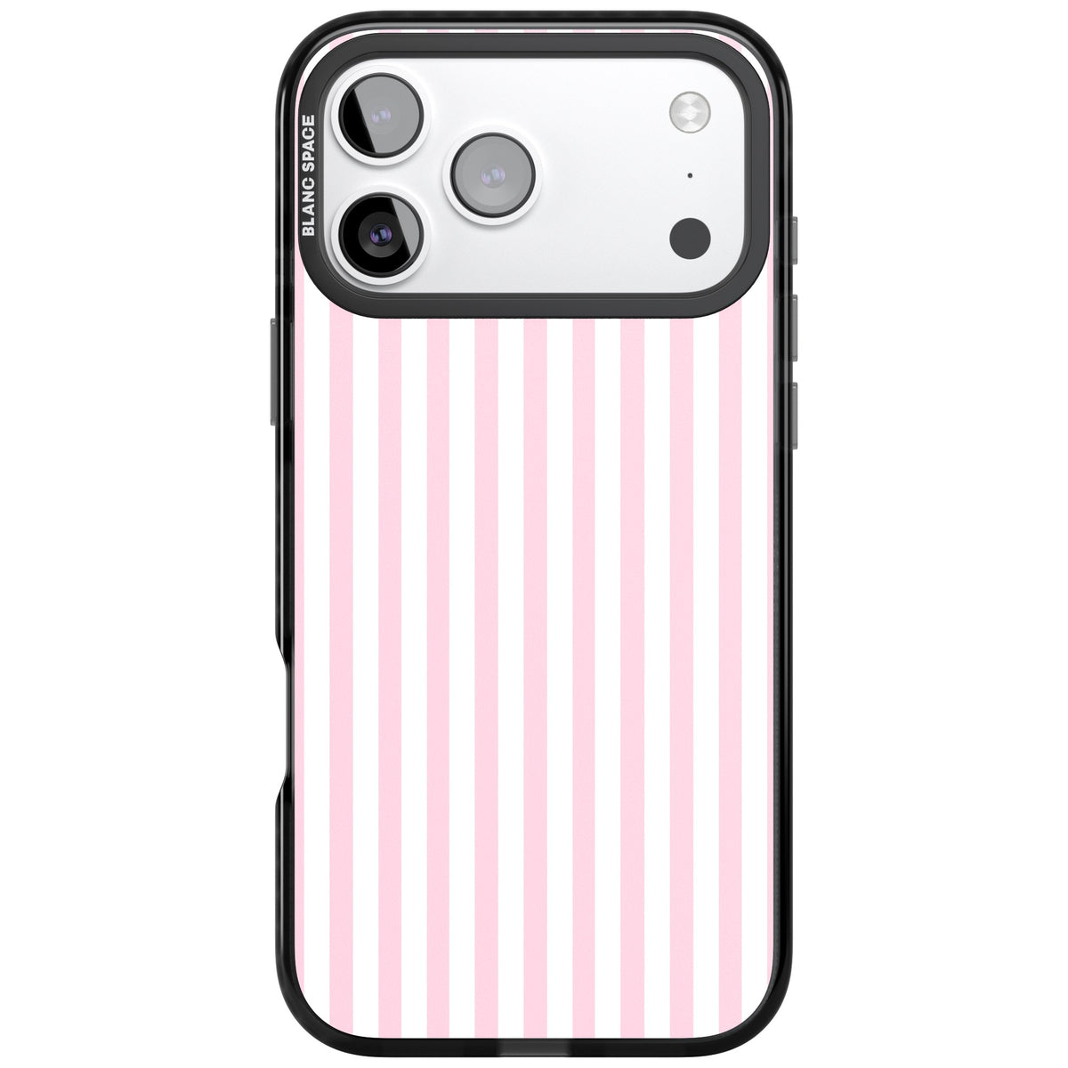 Pink Stripe preppy iPhone case featuring soft pastel pink and white vertical candy stripes iPhone 17 Pro Max Impact Pro Black Phone Case front