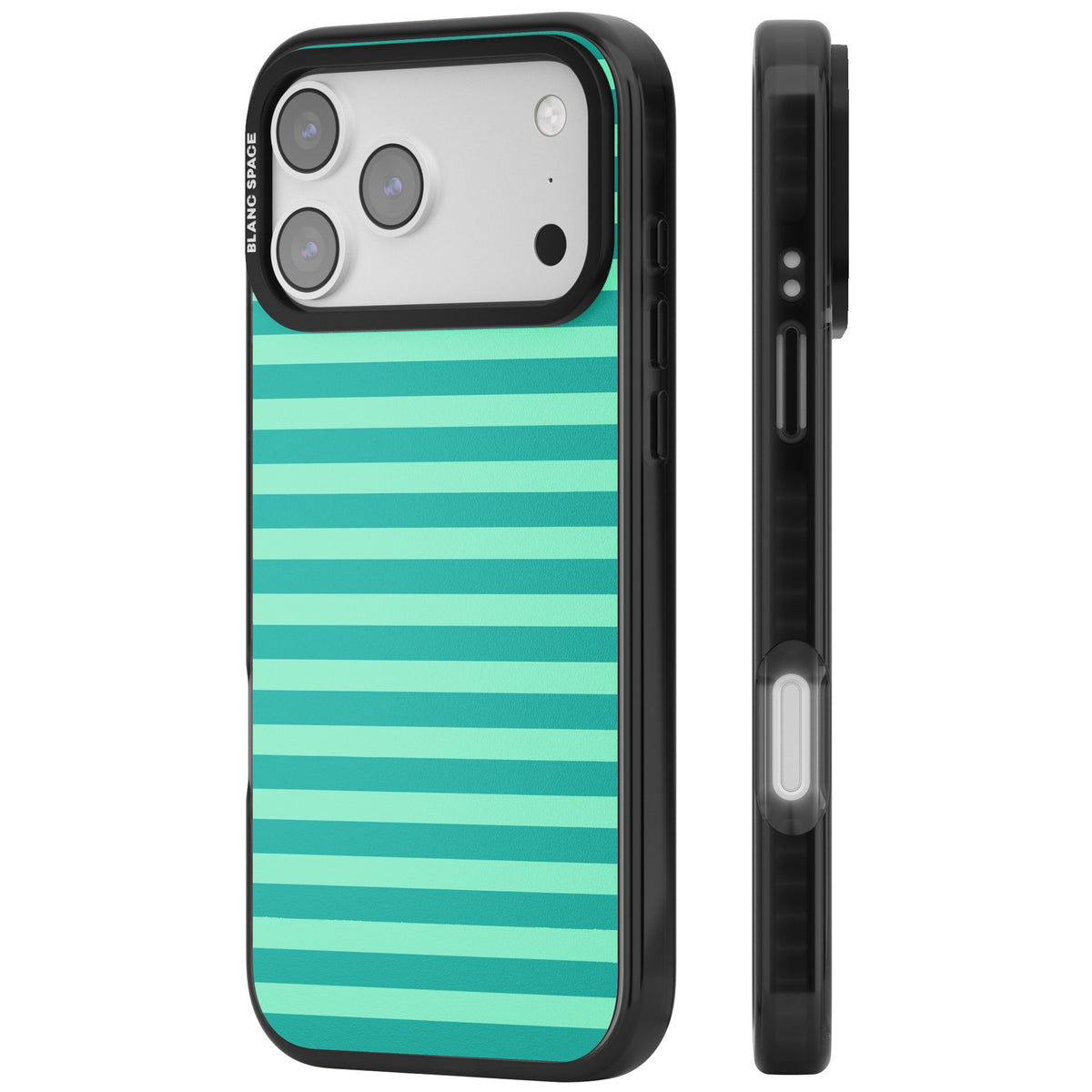 Turquoise Stripe preppy iPhone case featuring horizontal teal and mint green stripes on a black protective frame iPhone 17 Pro Max Impact Pro Black Phone Case side