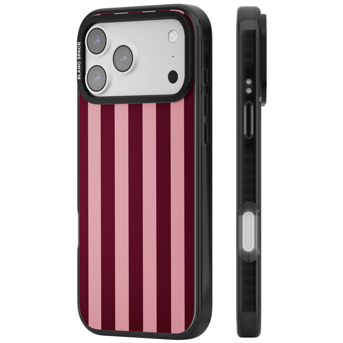 Bordeaux Belle preppy iPhone case featuring bold vertical stripes in burgundy and soft blush pink iPhone 17 Pro Max Impact Pro Black Phone Case side
