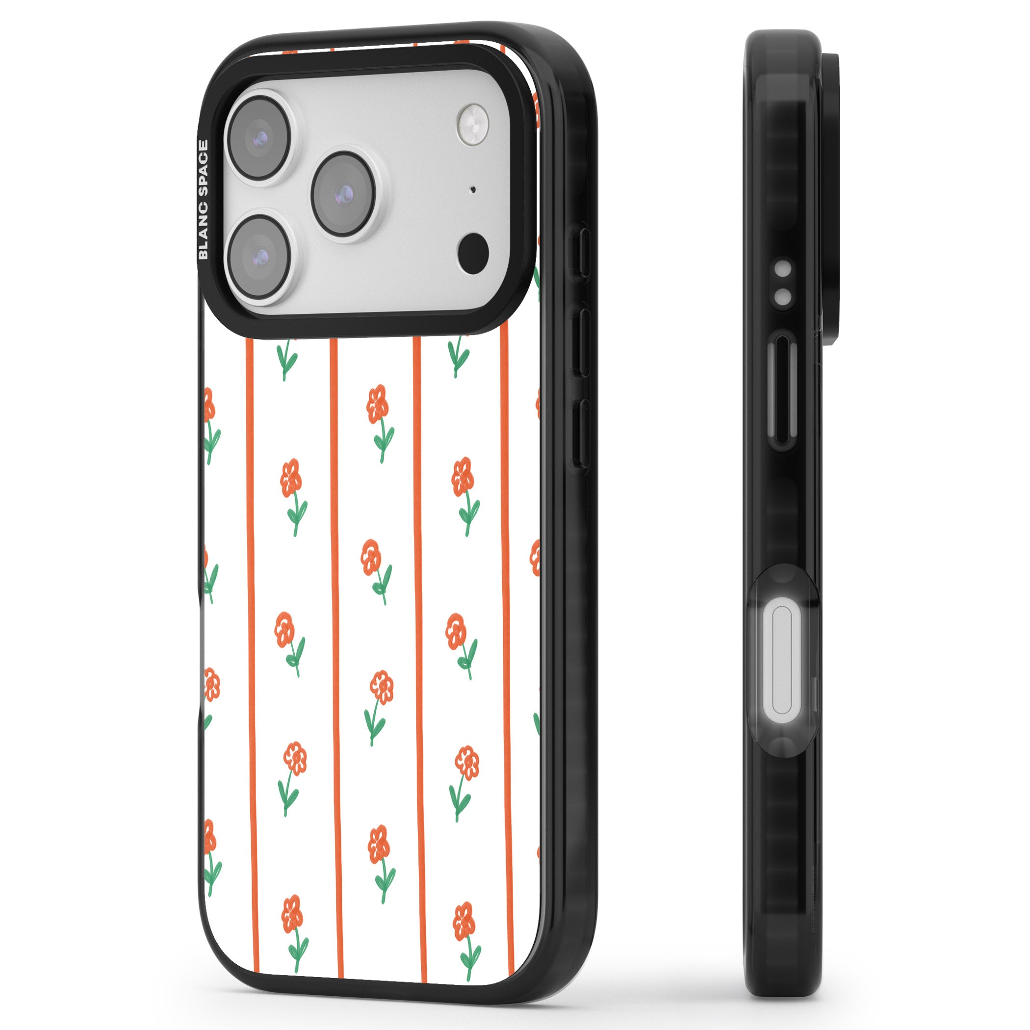 Minimal Floral Stripe iPhone 17 Pro Impact Pro Black Phone Case Side Profile