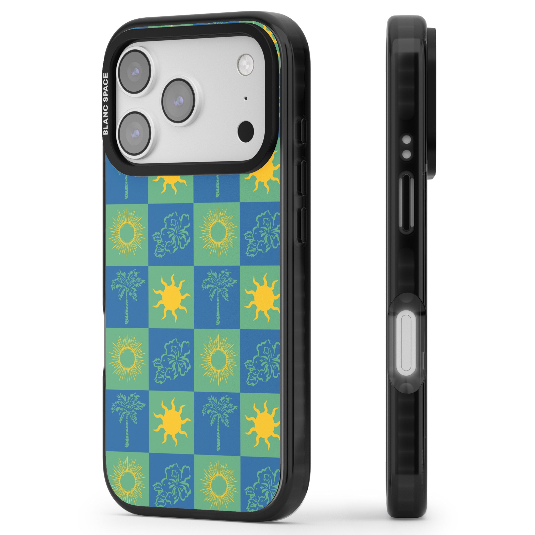Green & Blue Tropical Checked iPhone 17 Pro Impact Pro Black Phone Case Side Profile