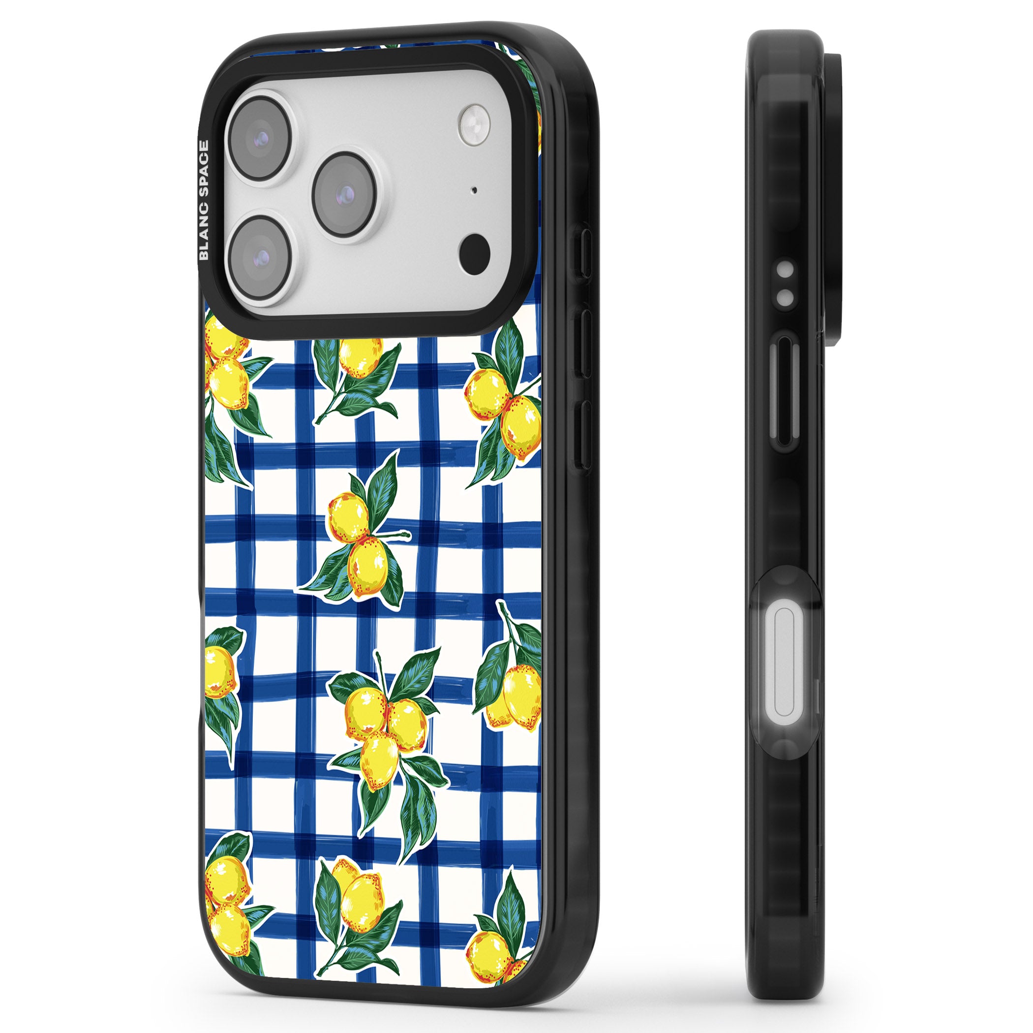 Lemon Gingham iPhone 17 Pro Impact Pro Black Phone Case Side Profile