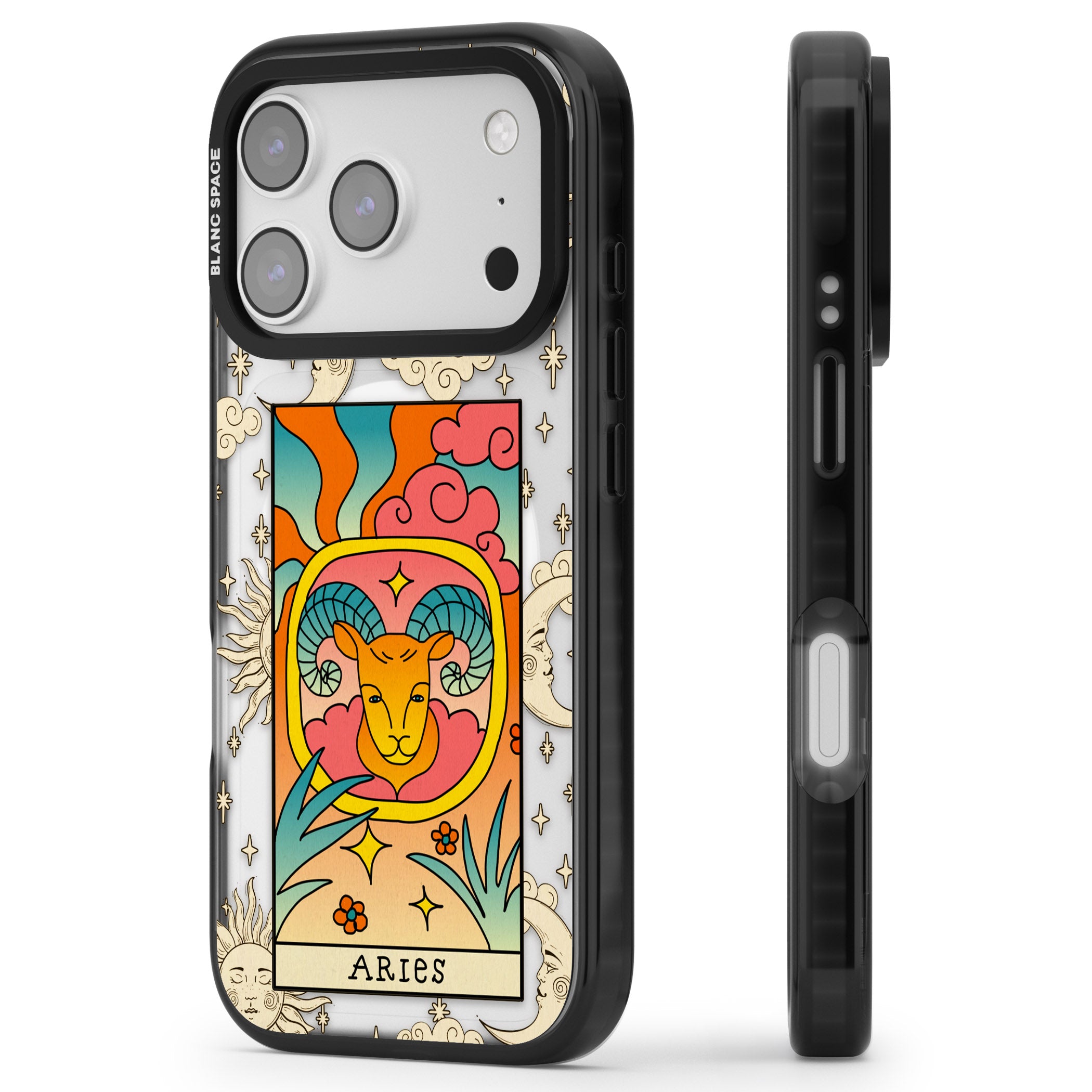 Celestial Zodiac Aries iPhone 17 Pro Impact Pro Black Phone Case Side Profile