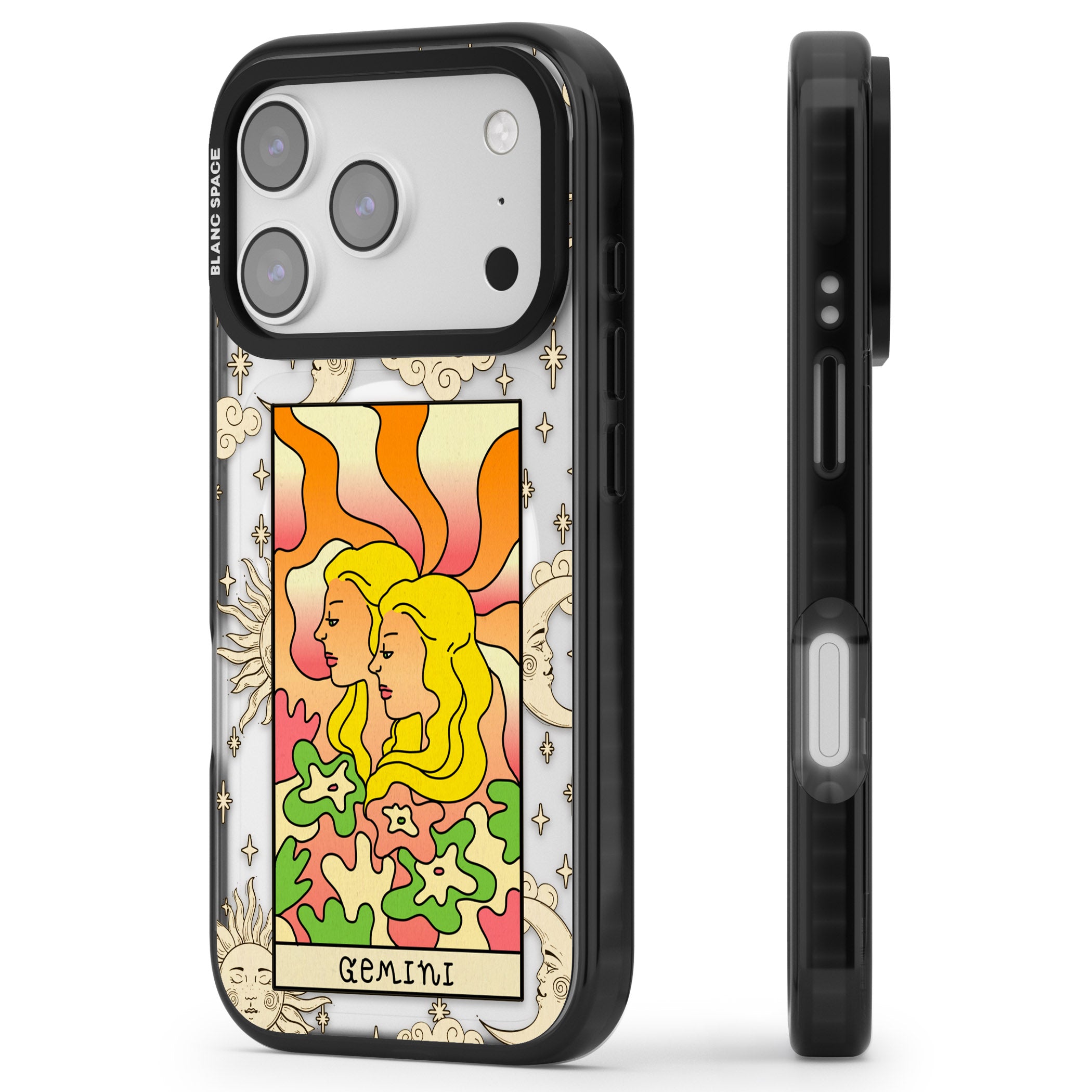 Celestial Zodiac Gemini iPhone 17 Pro Impact Pro Black Phone Case Side Profile