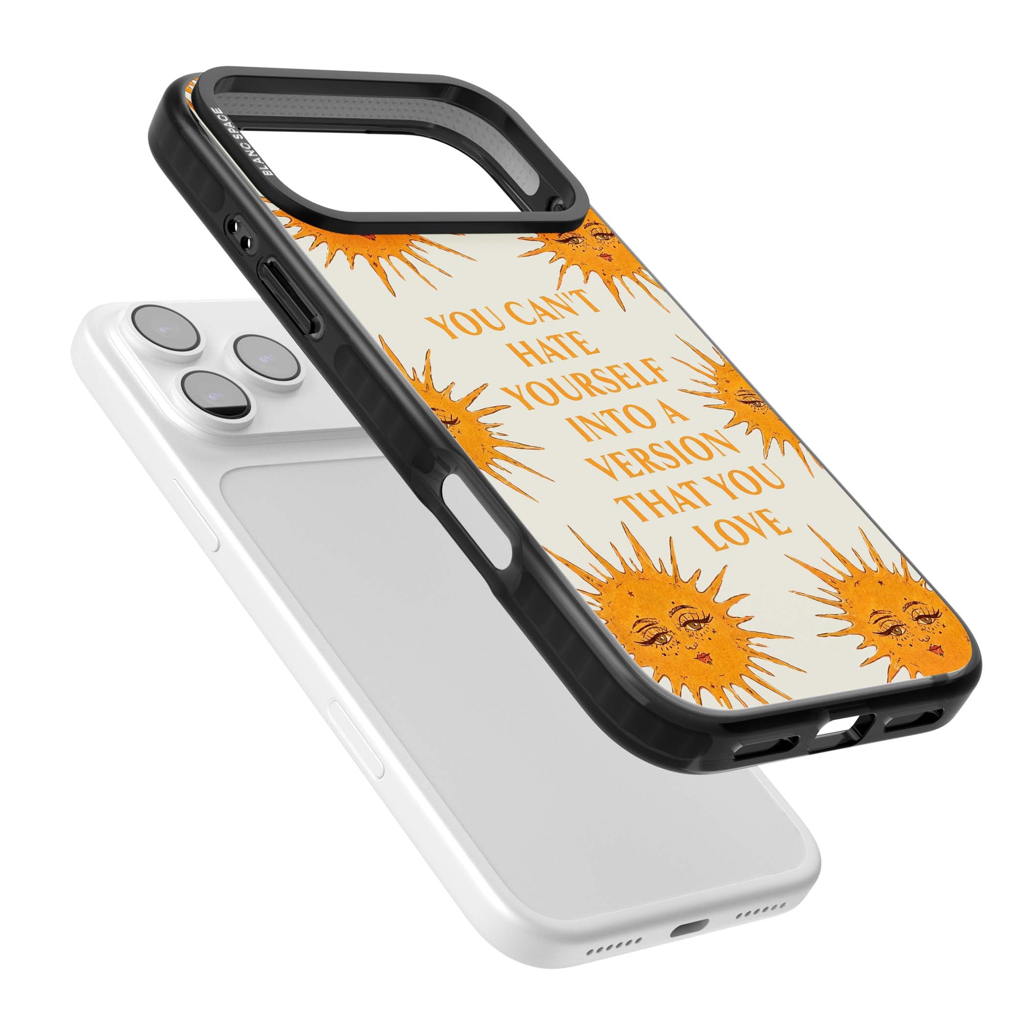 Don't Hate Yourself celestial iPhone case featuring vintage sun faces, ochre rays and a self-love quote | Black Impact Magsafe case for iPhone 17 Pro, iPhone 17 Pro Max
