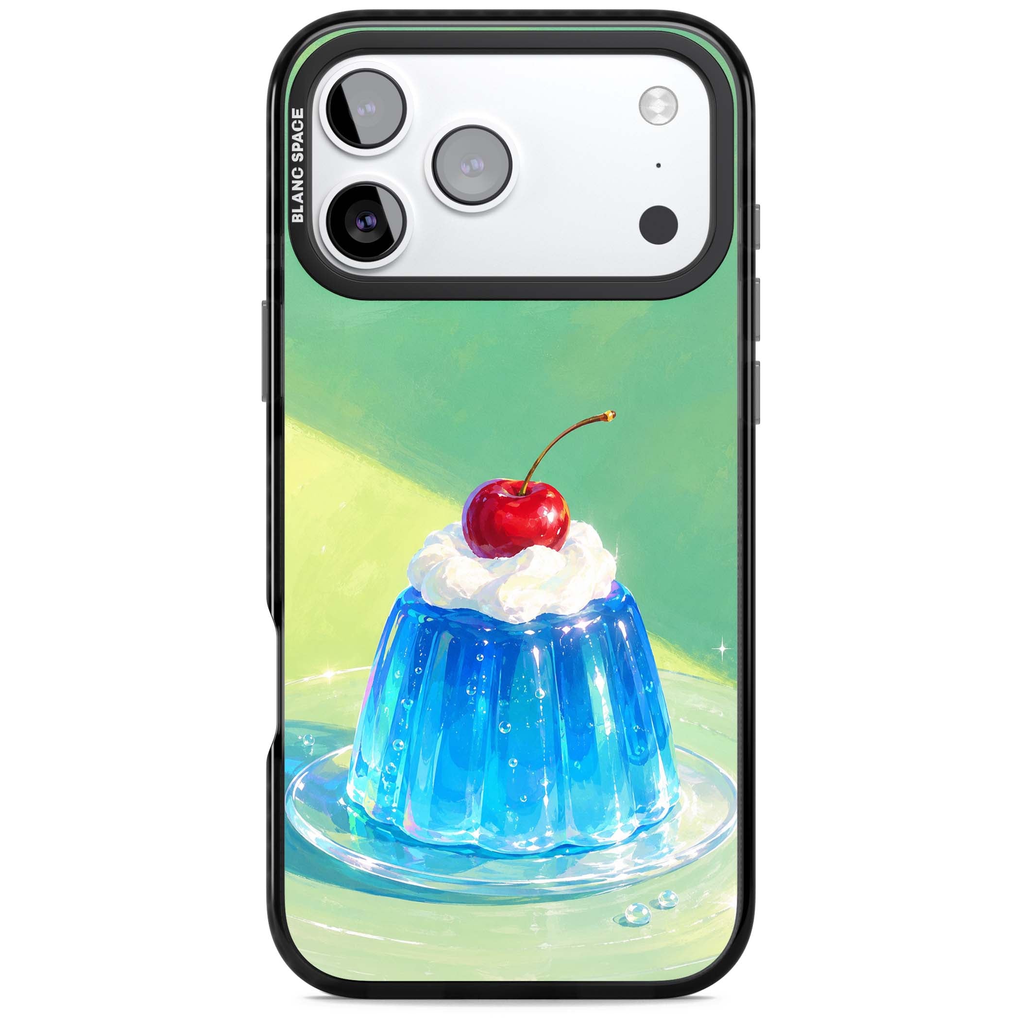 Cherry Jelly kawaii dessert iPhone case featuring blue jelly pudding, whipped cream and a red cherry | Black Impact Magsafe case for iPhone 17 Pro, iPhone 17 Pro Max