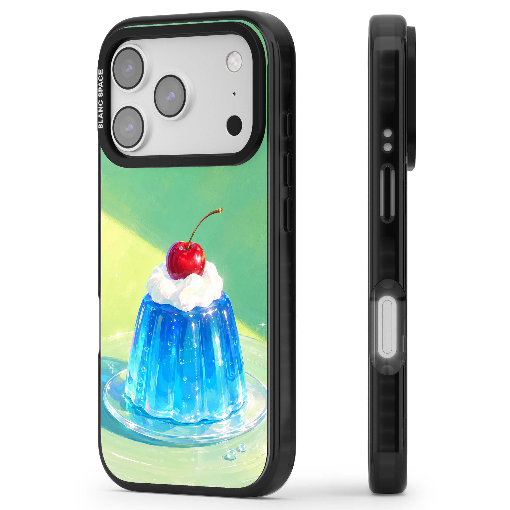 Cherry Jelly kawaii dessert iPhone case featuring blue jelly pudding, whipped cream and a red cherry | Black Impact Magsafe case for iPhone 17 Pro, iPhone 17 Pro Max