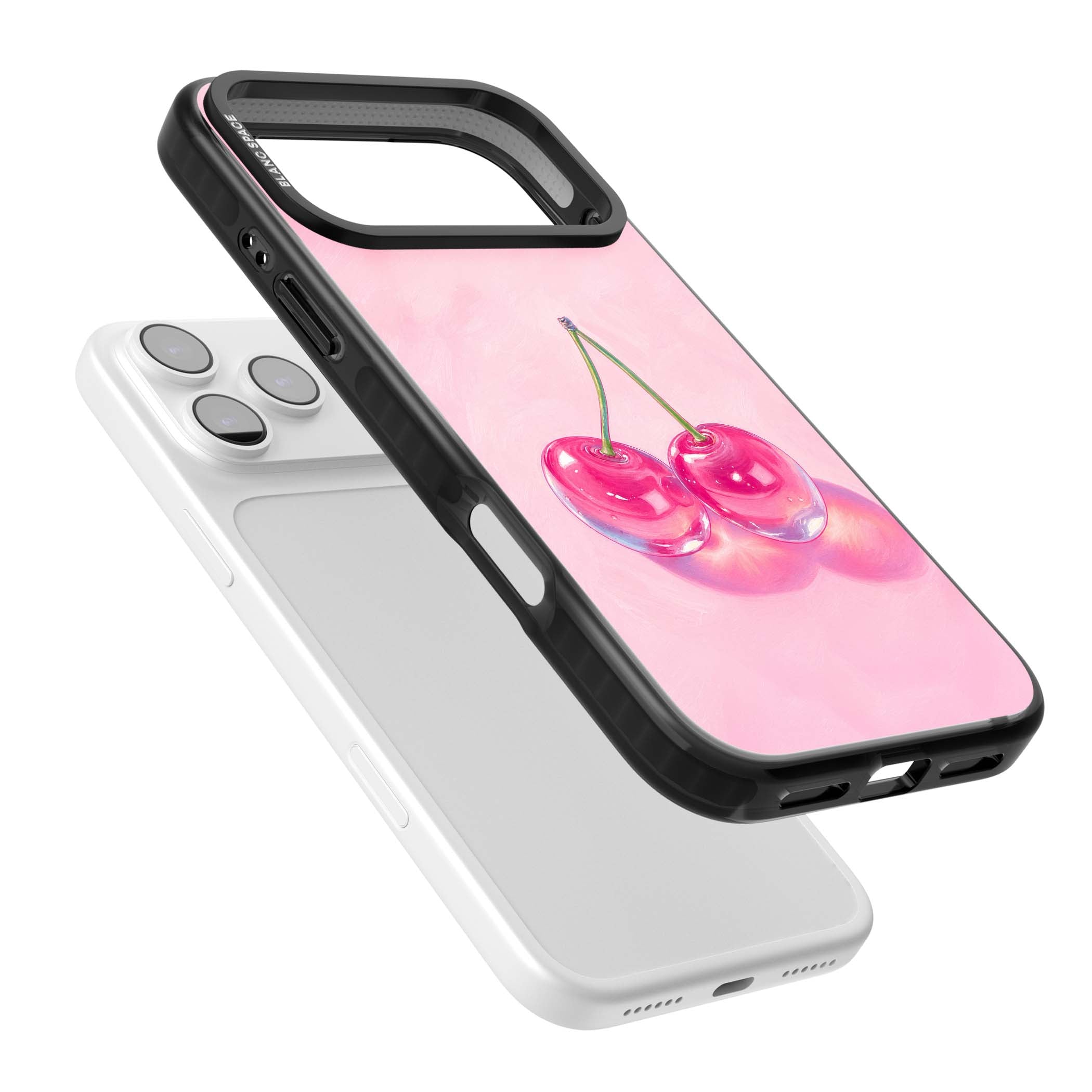 Pink Glass Cherry coquette iPhone case featuring two glossy painted cherries on a soft pink background | Black Impact Magsafe case for iPhone 17 Pro, iPhone 17 Pro Max