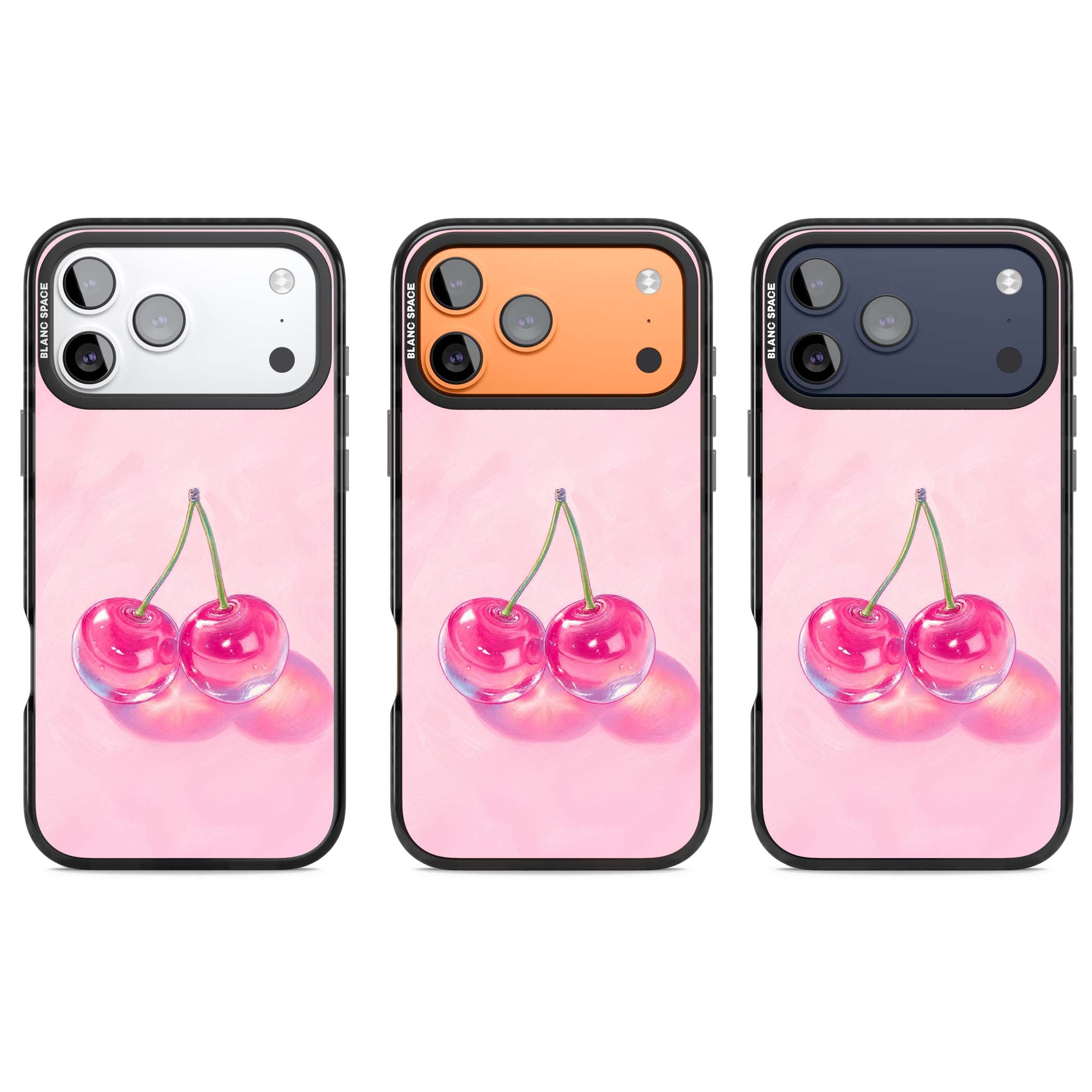 Pink Glass Cherry coquette iPhone case featuring two glossy painted cherries on a soft pink background | Black Impact Magsafe case for iPhone 17 Pro, iPhone 17 Pro Max