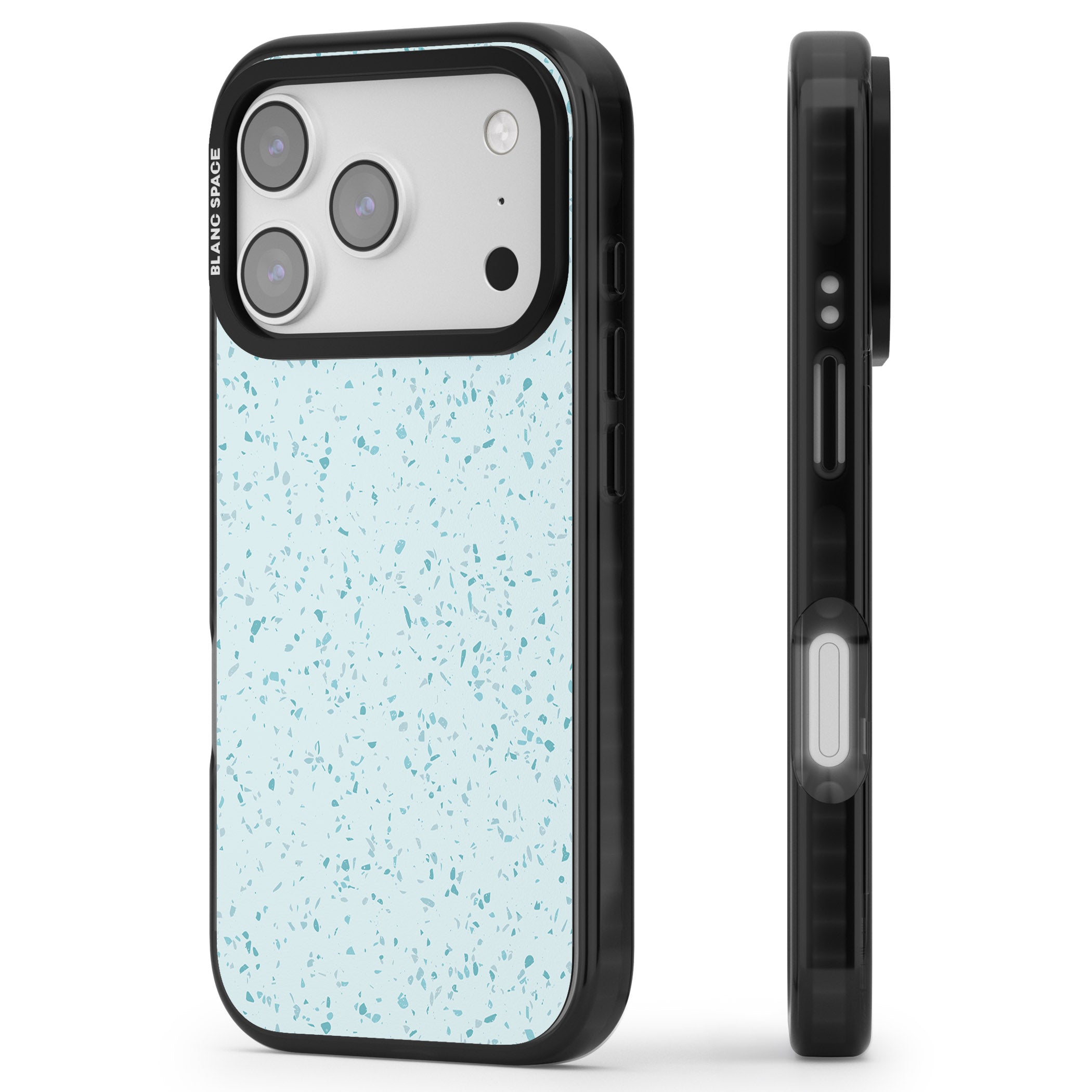 Light Blue Terrazzo Pattern iPhone 17 Pro Impact Pro Black Phone Case Side Profile