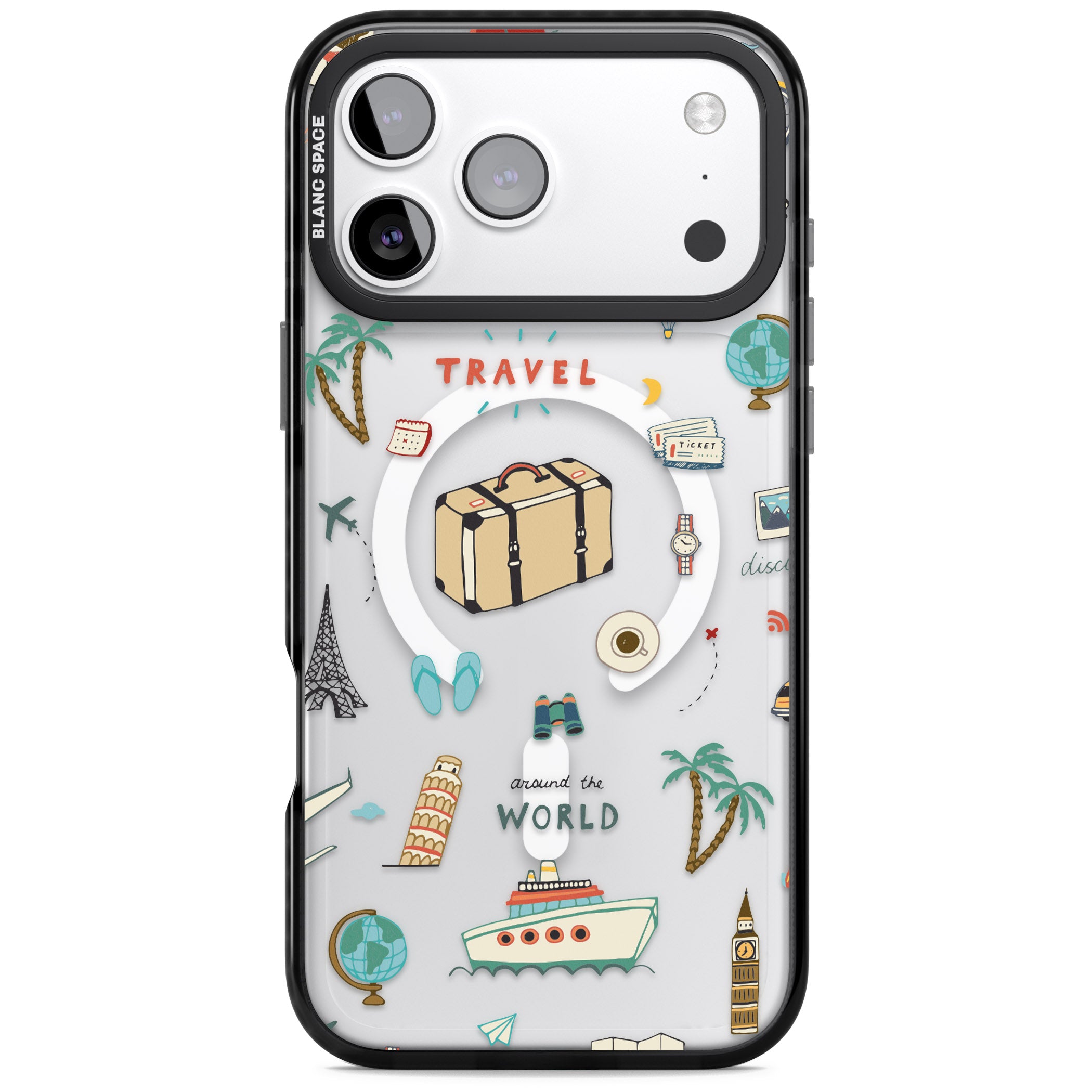 Cute Travel Pattern Transparent iPhone 17 Pro Impact Pro Black Phone Case
