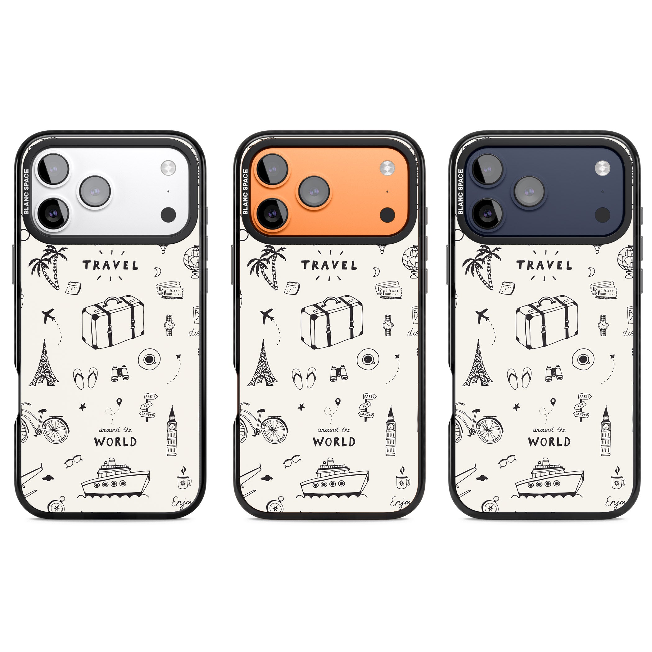 Cute Travel Pattern, White On iPhone 17 Pro Impact Pro Black Phone Case APT Impact Protection