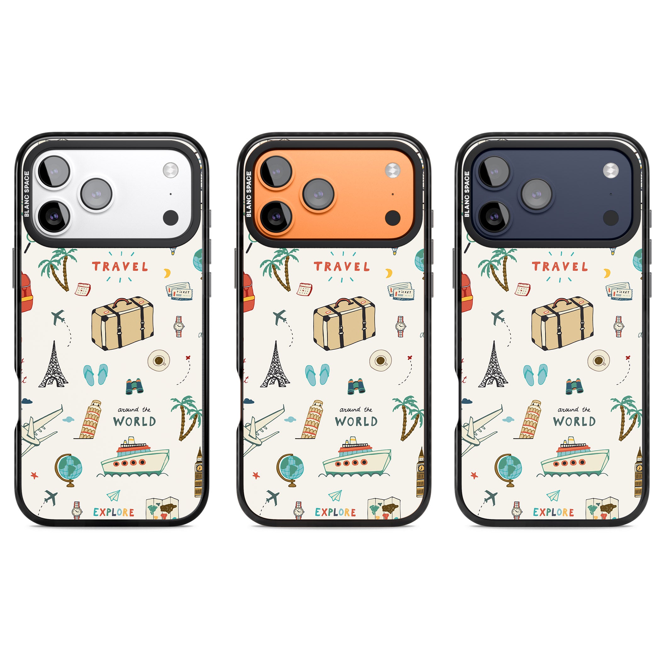 Cute Travel Pattern Cream iPhone 17 Pro Impact Pro Black Phone Case APT Impact Protection