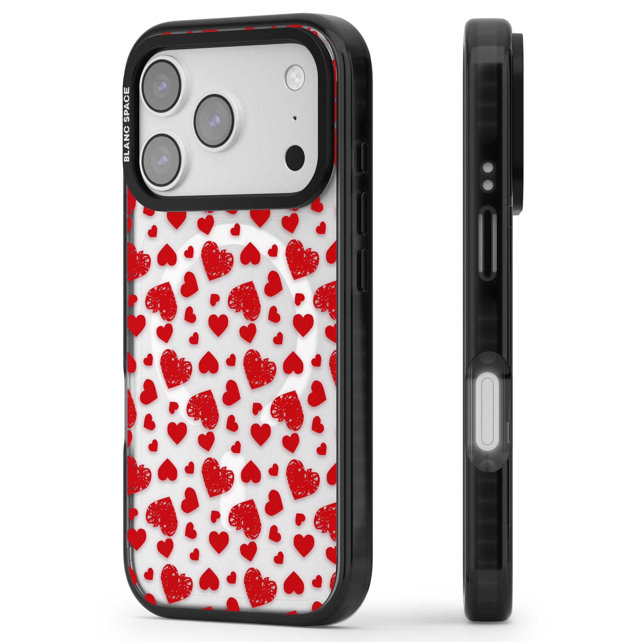 Red Heart Pattern Classic iPhone 17 Pro Impact Pro Black Phone Case Side Profile