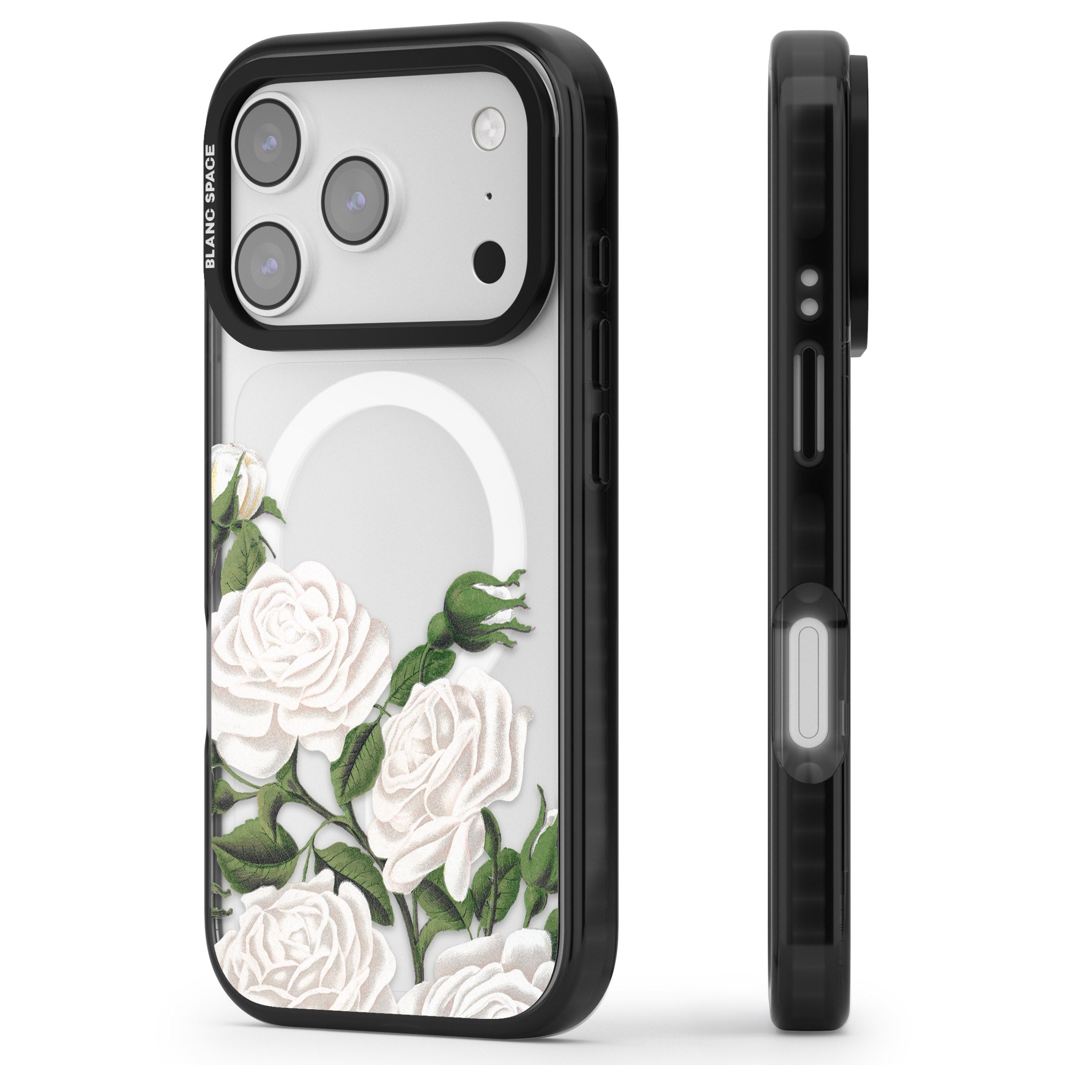 White Vintage Painted Flowers iPhone 17 Pro Impact Pro Black Phone Case Side Profile