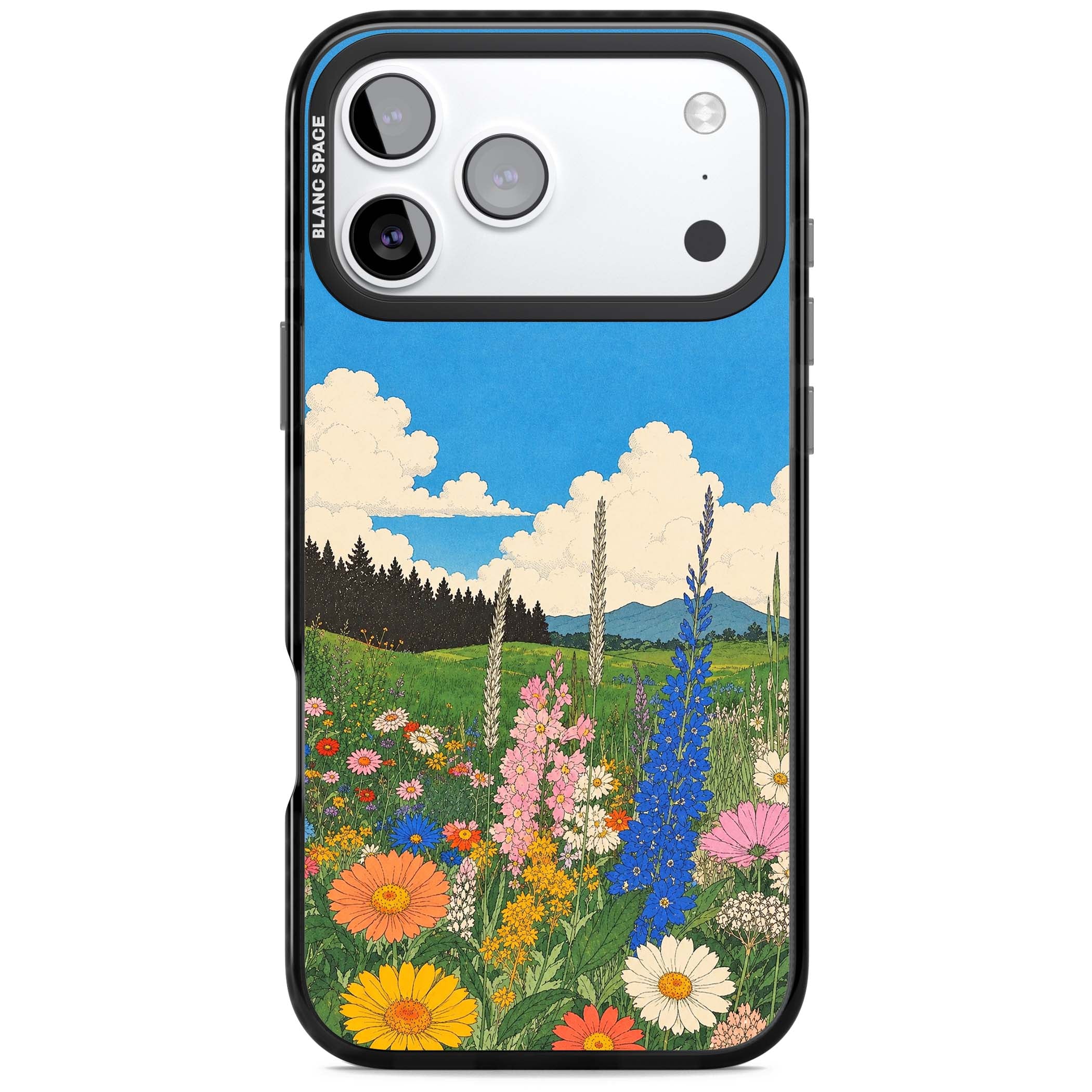 Wildbloom wildflower iPhone case featuring a vintage Japanese-style meadow landscape with daisies, delphiniums and moun | Black Impact Magsafe case for iPhone 17 Pro, iPhone 17 Pro Max