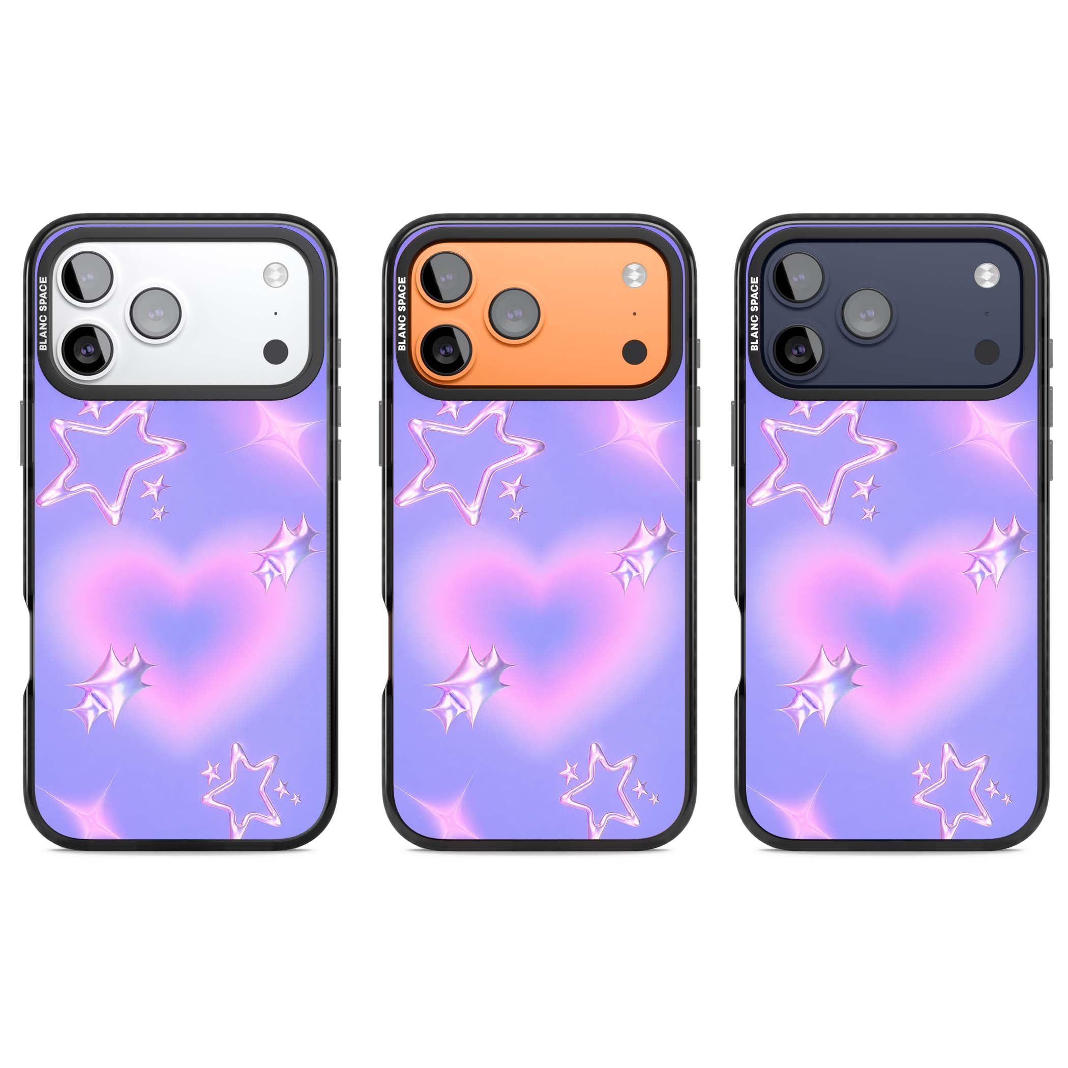 Soft Sugar Y2K iPhone case featuring iridescent chrome hearts, metallic pink stars and a lavender gradient sky | Black Impact Magsafe case for iPhone 17 Pro, iPhone 17 Pro Max