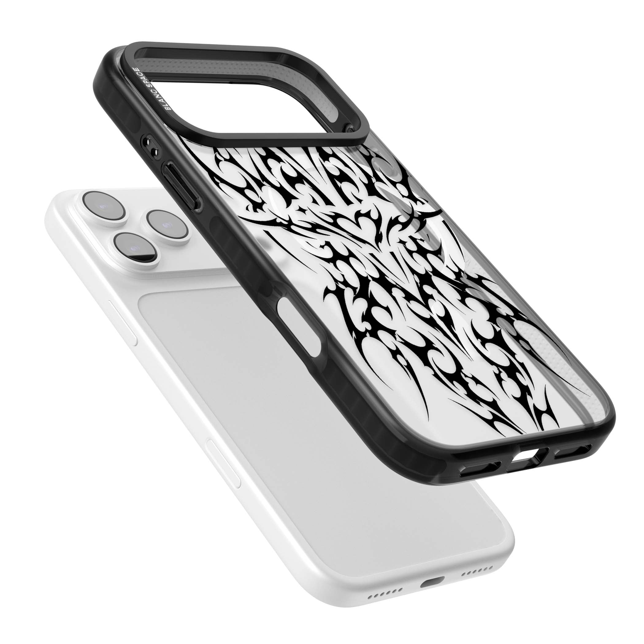 Neo Tribal Heart gothic iPhone case featuring symmetrical black tribal tattoo art with sharp thorn-like linework | Black Impact Magsafe case for iPhone 17 Pro, iPhone 17 Pro Max