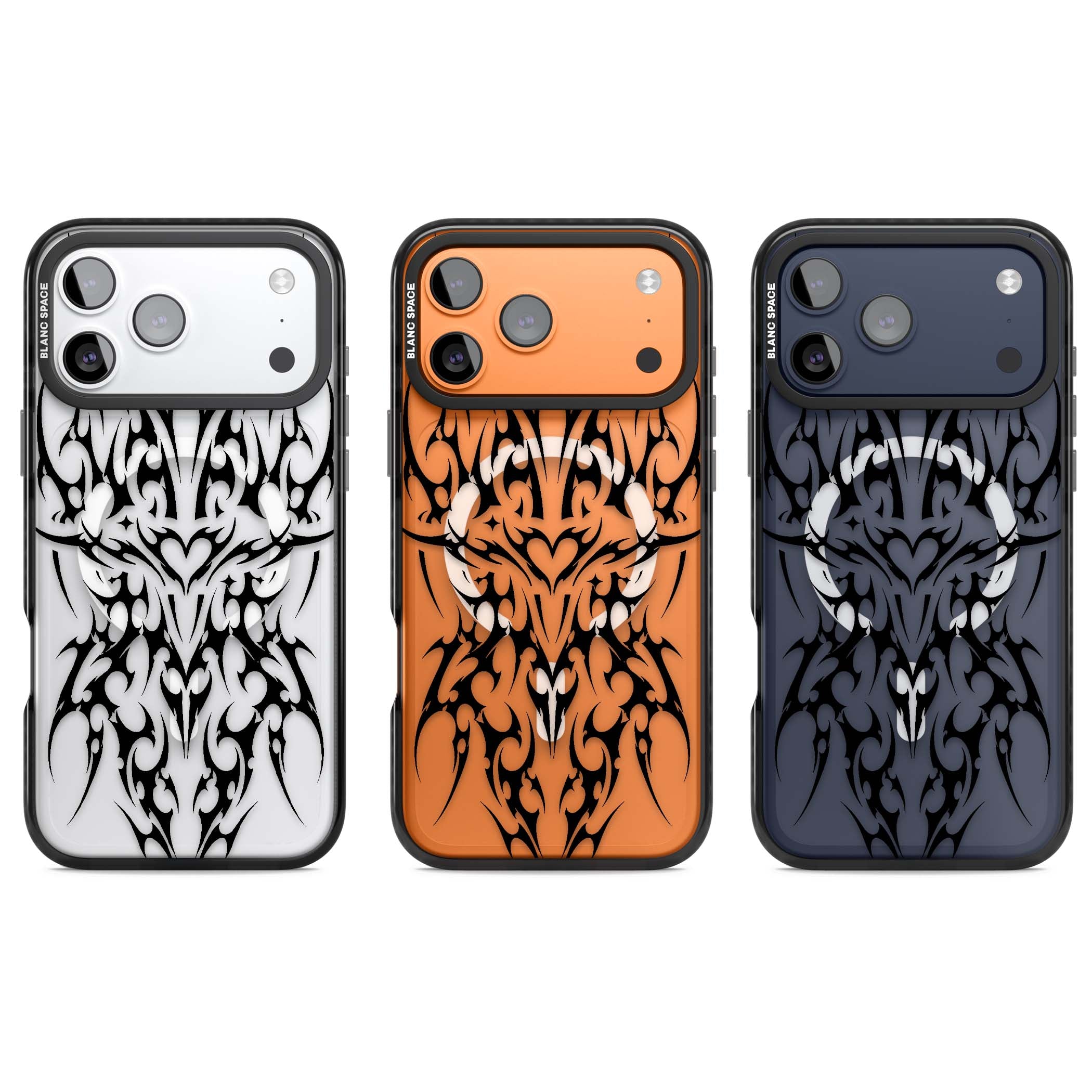 Neo Tribal Heart gothic iPhone case featuring symmetrical black tribal tattoo art with sharp thorn-like linework | Black Impact Magsafe case for iPhone 17 Pro, iPhone 17 Pro Max