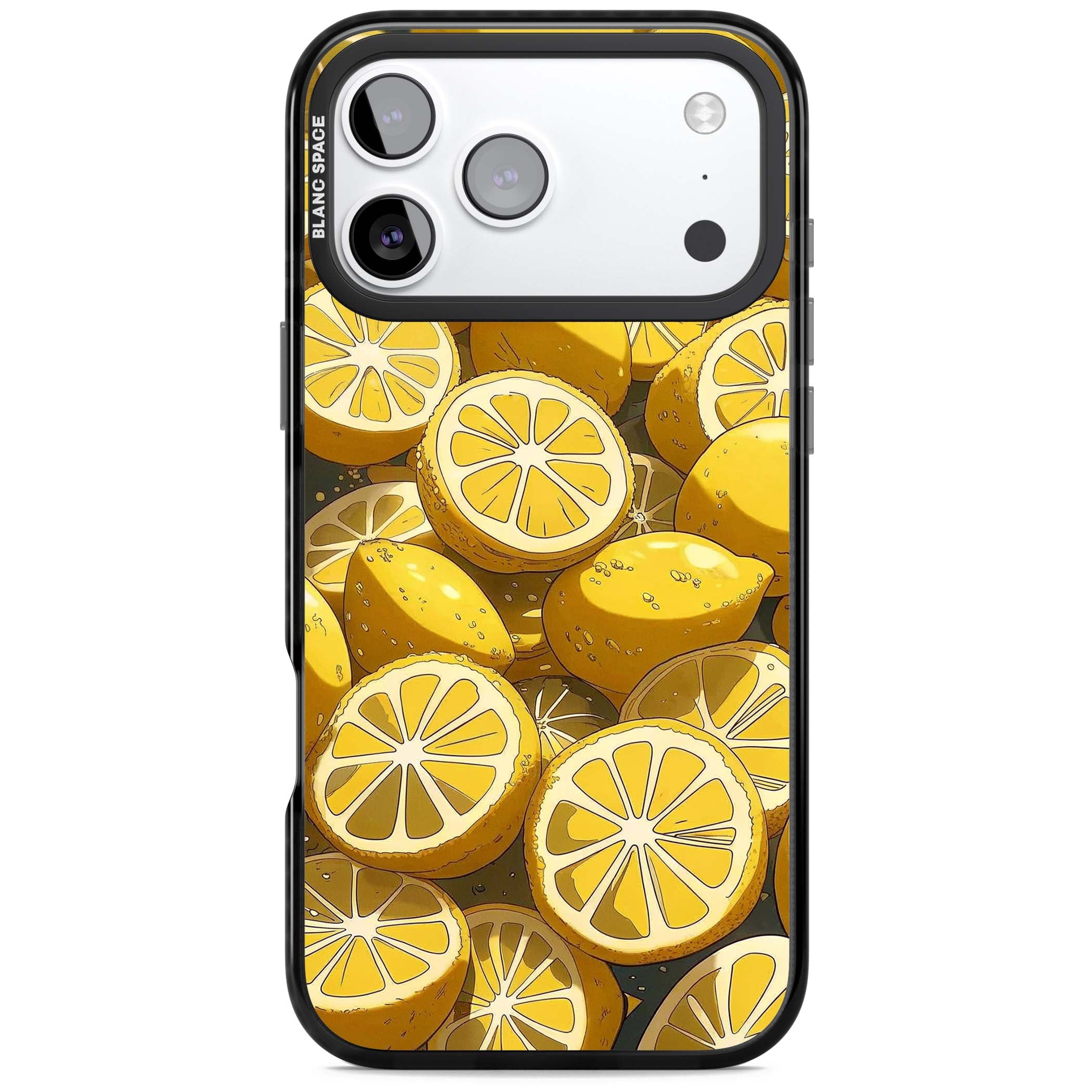 Zesty coastal iPhone case featuring illustrated Mediterranean lemons and citrus slices in golden yellow | Black Impact Magsafe case for iPhone 17 Pro, iPhone 17 Pro Max
