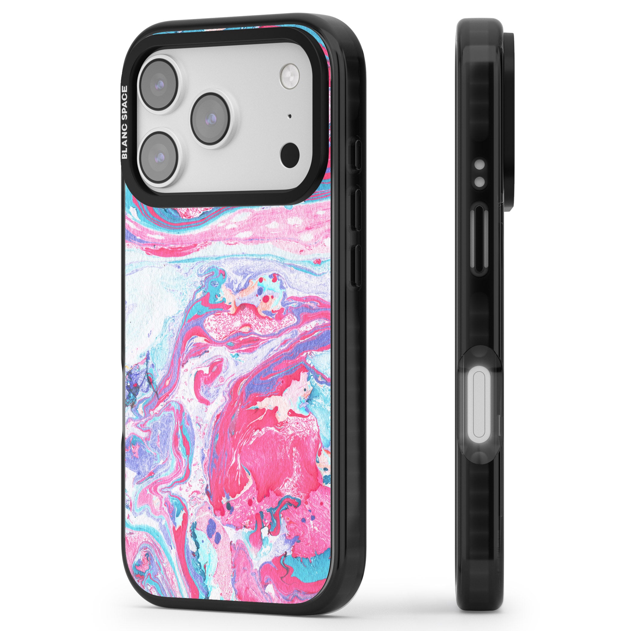 Pink, Blue & Purple Marbled Paper Pattern iPhone 17 Pro Impact Black Phone Case Side Profile