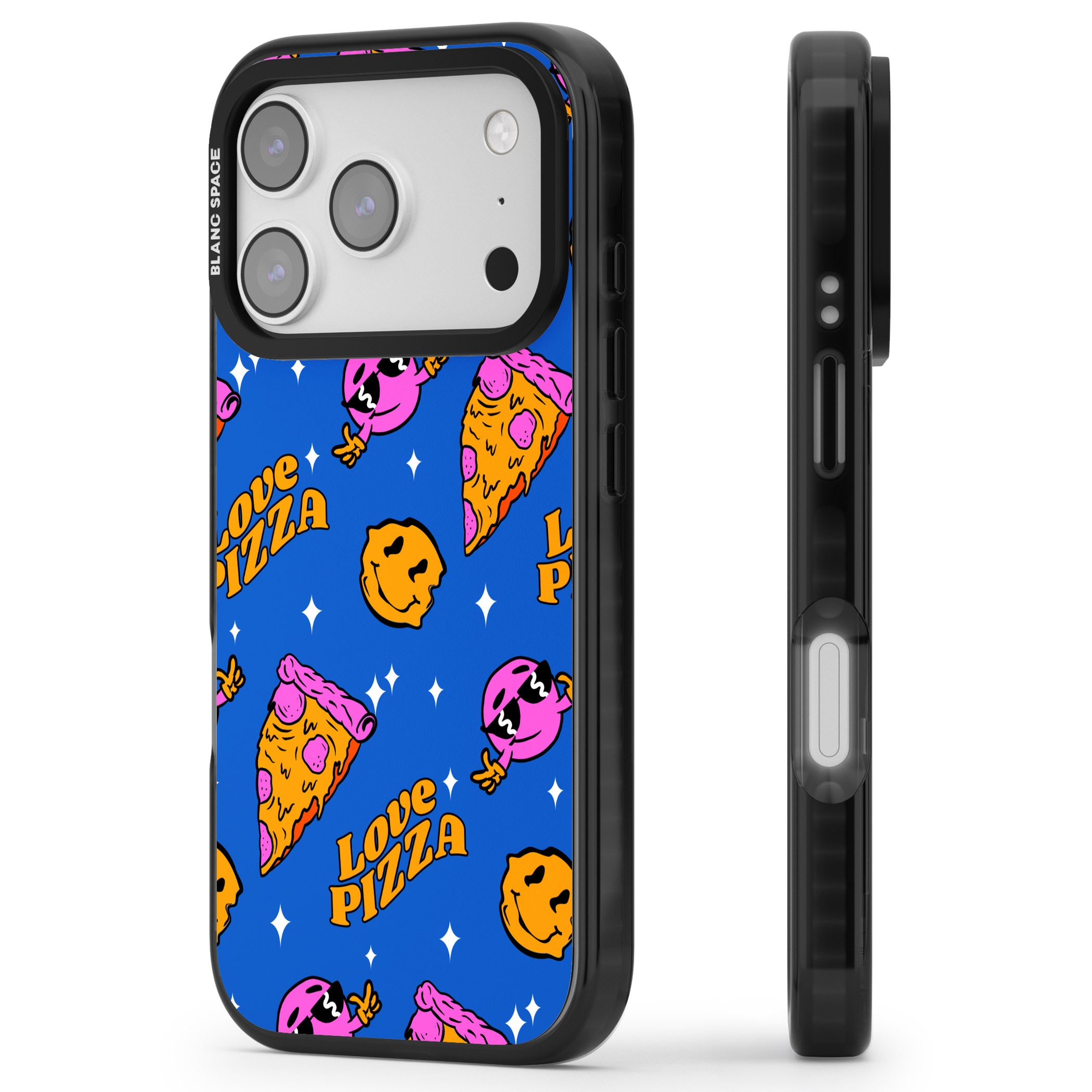 Psychedelic Love Pizza Pattern iPhone 17 Pro Impact Black Phone Case Side Profile