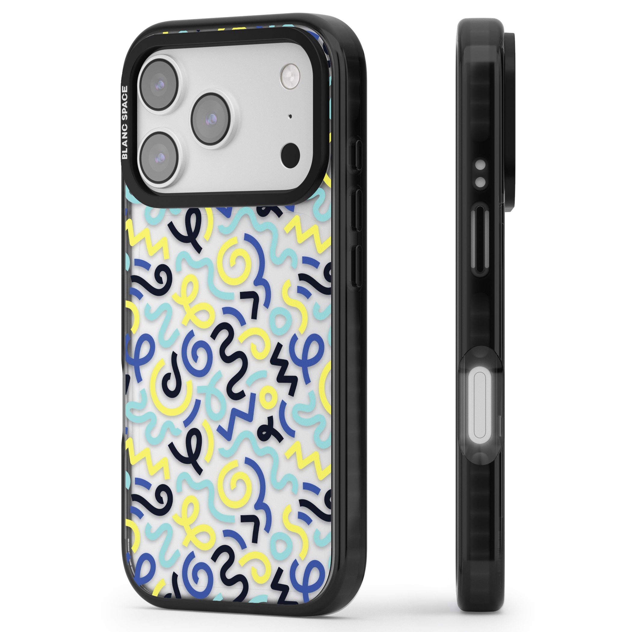 Blue & Yellow Memphis Retro iPhone 17 Pro Impact Black Phone Case Side Profile