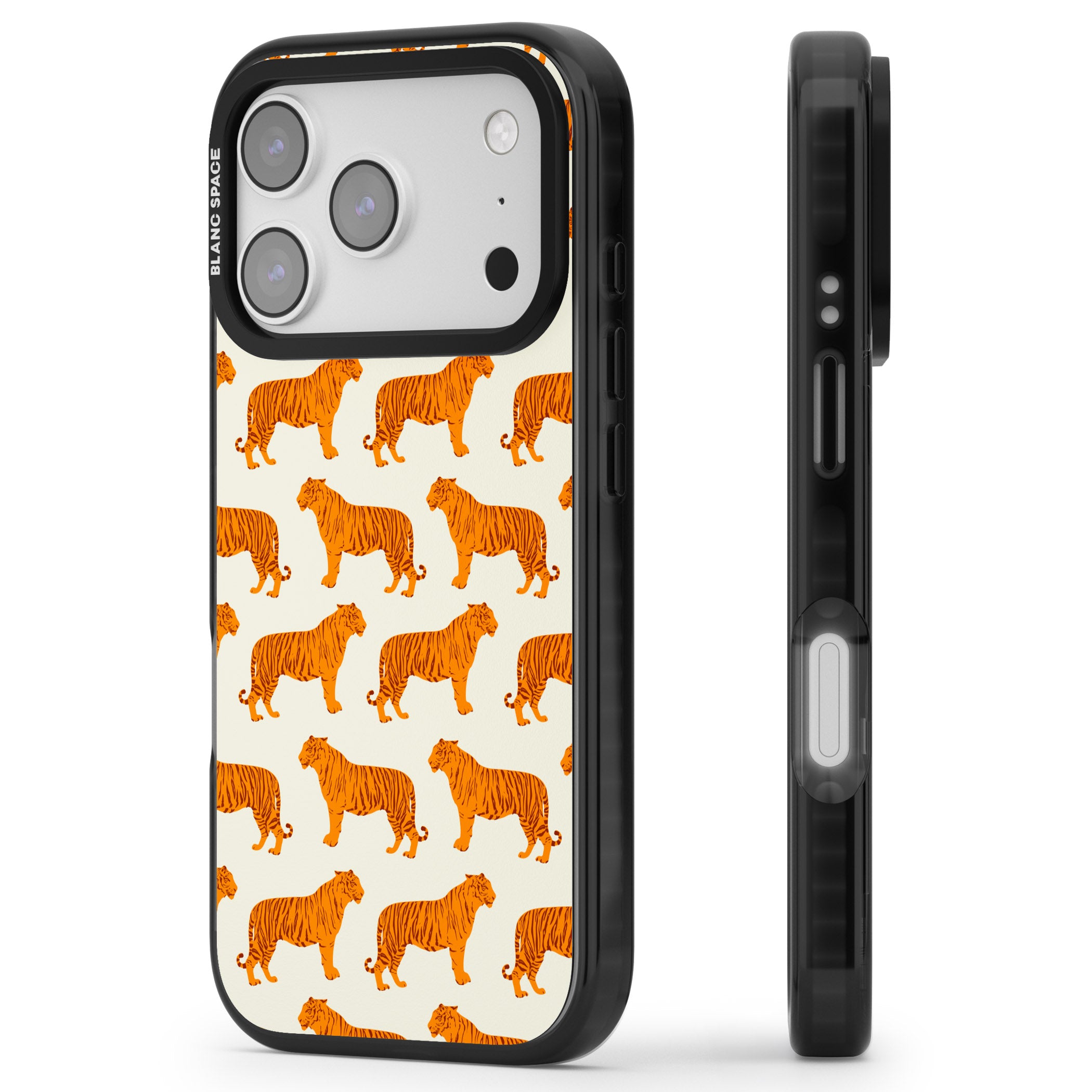 Trendy Tiger Patterns Tigers On Khaki iPhone 17 Pro Impact Black Phone Case Side Profile
