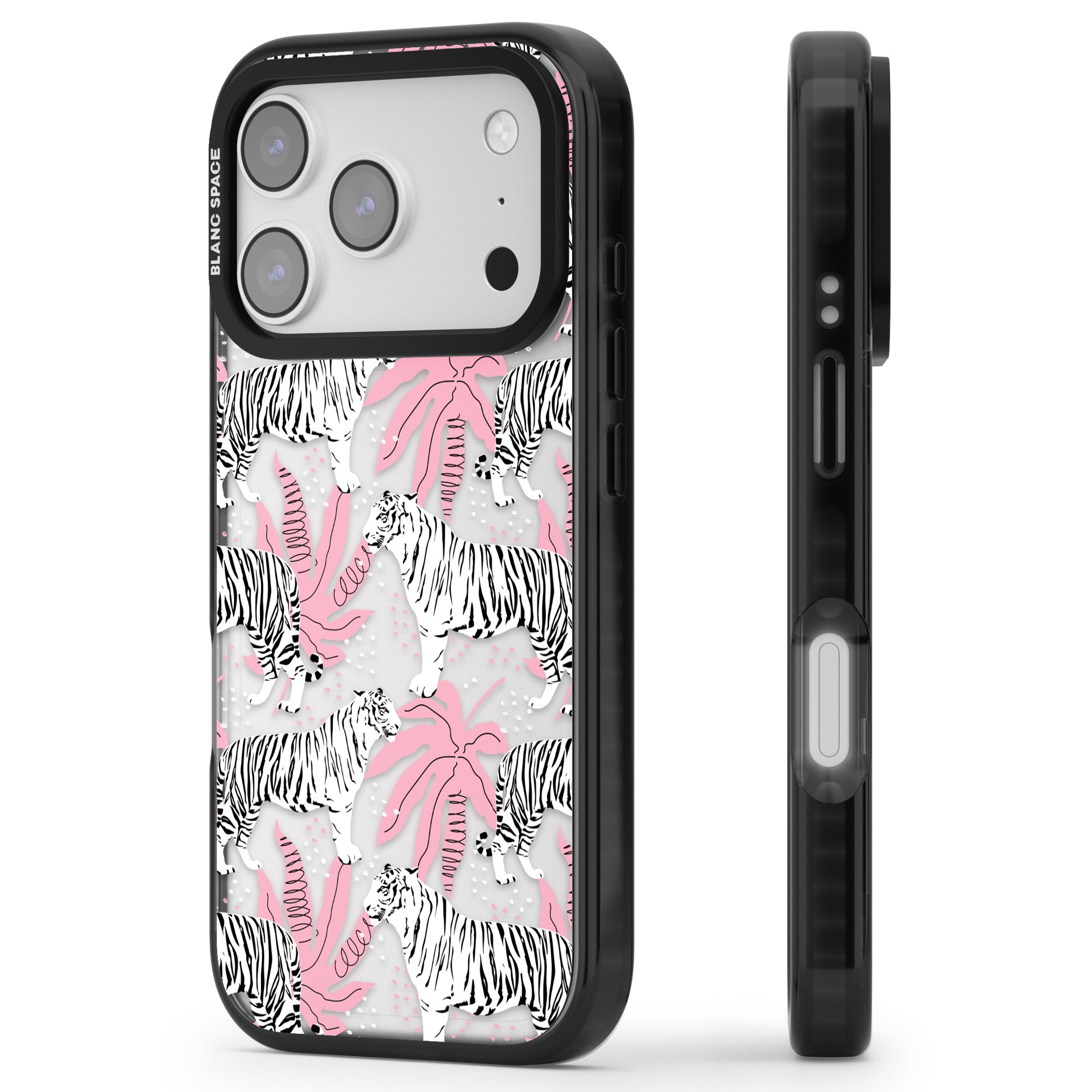 Pink & White Tropical Tigers iPhone 17 Pro Impact Black Phone Case Side Profile